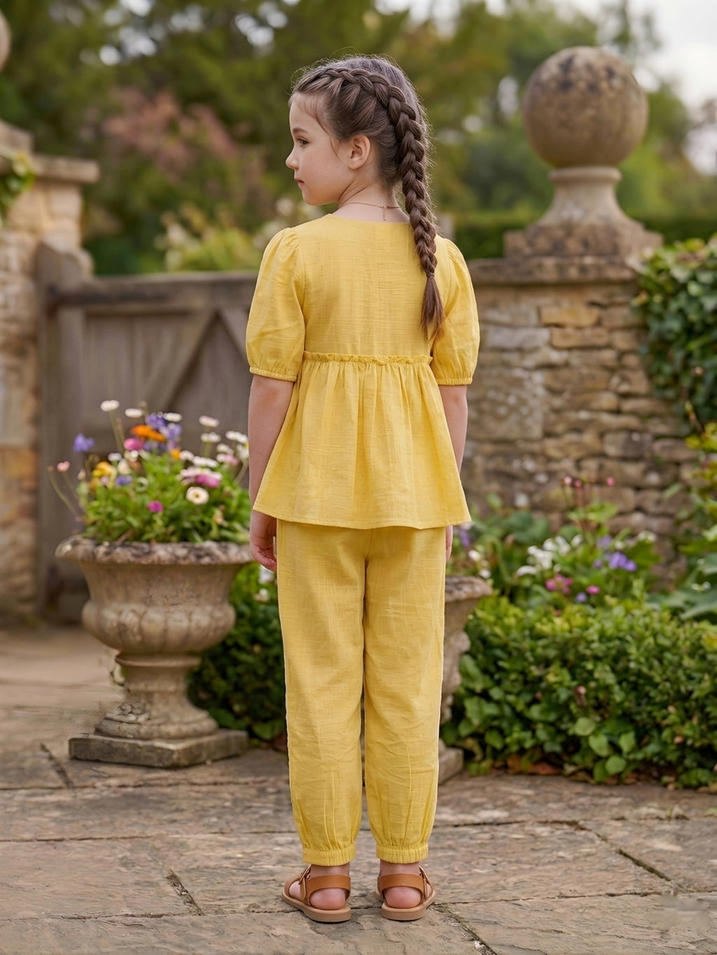 Girls Yellow 2-Piece Peplum Set with Embroidered Design & Capri Pants
