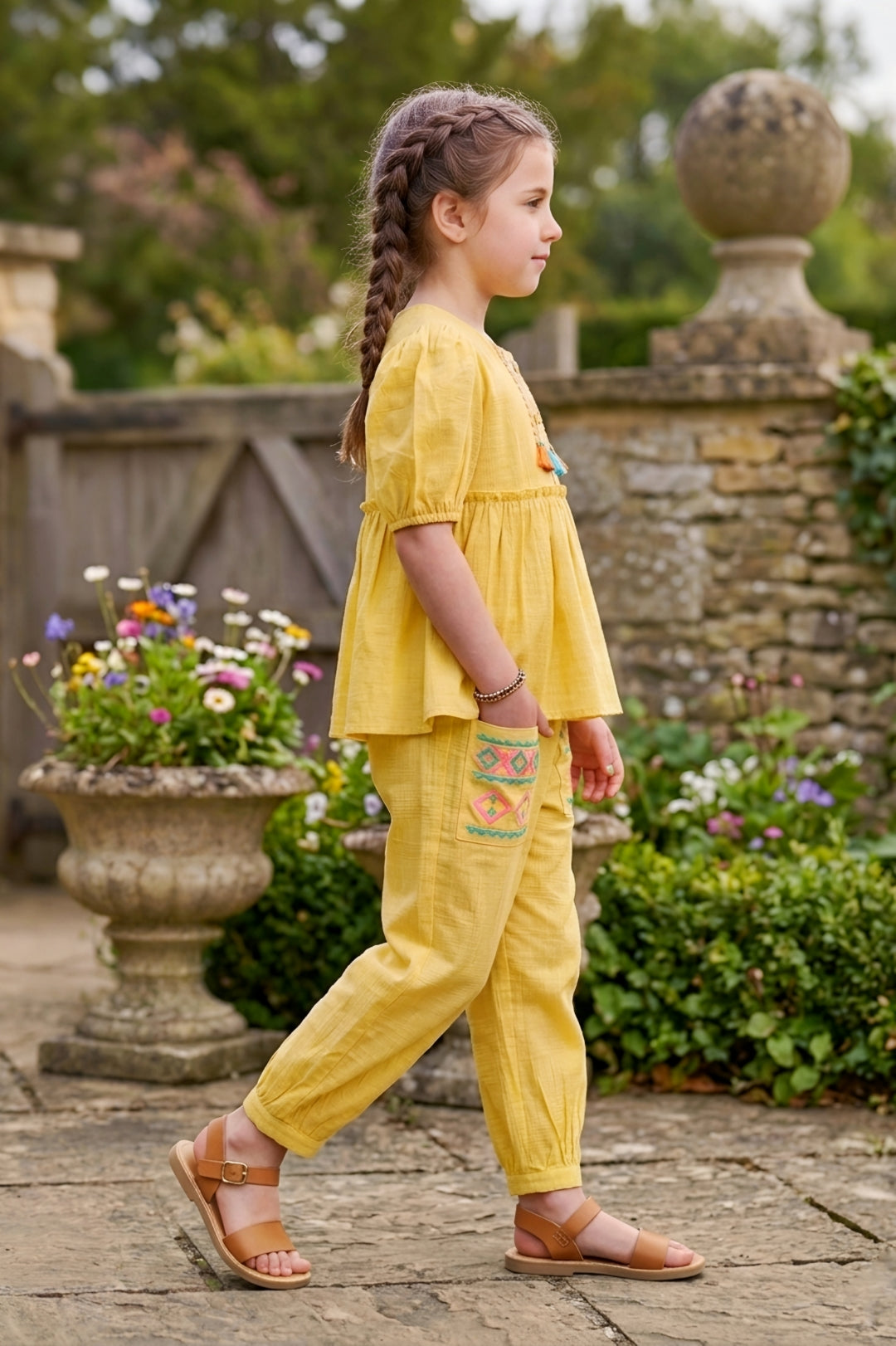 Girls Yellow 2-Piece Peplum Set with Embroidered Design & Capri Pants