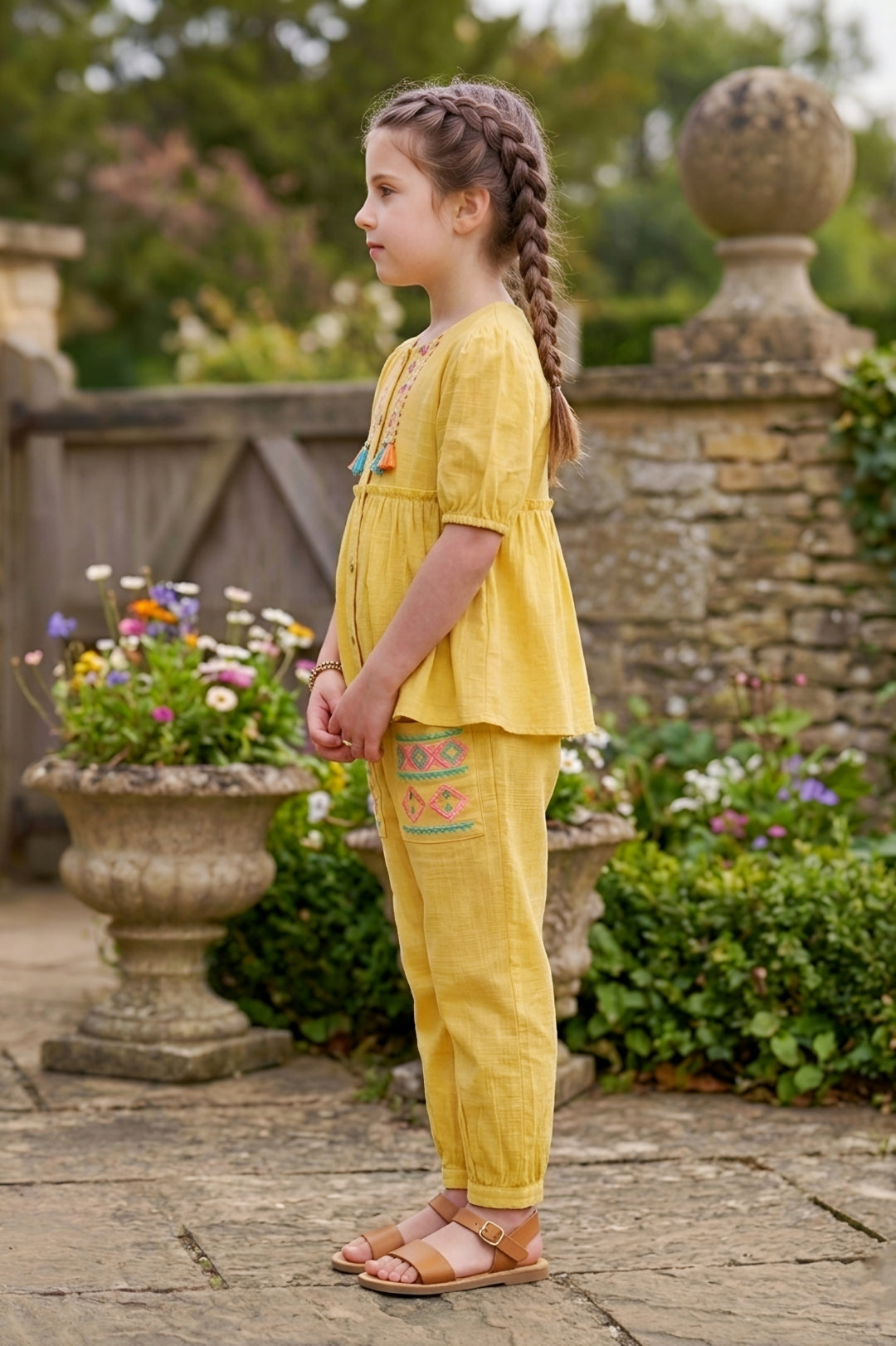 Girls Yellow 2-Piece Peplum Set with Embroidered Design & Capri Pants