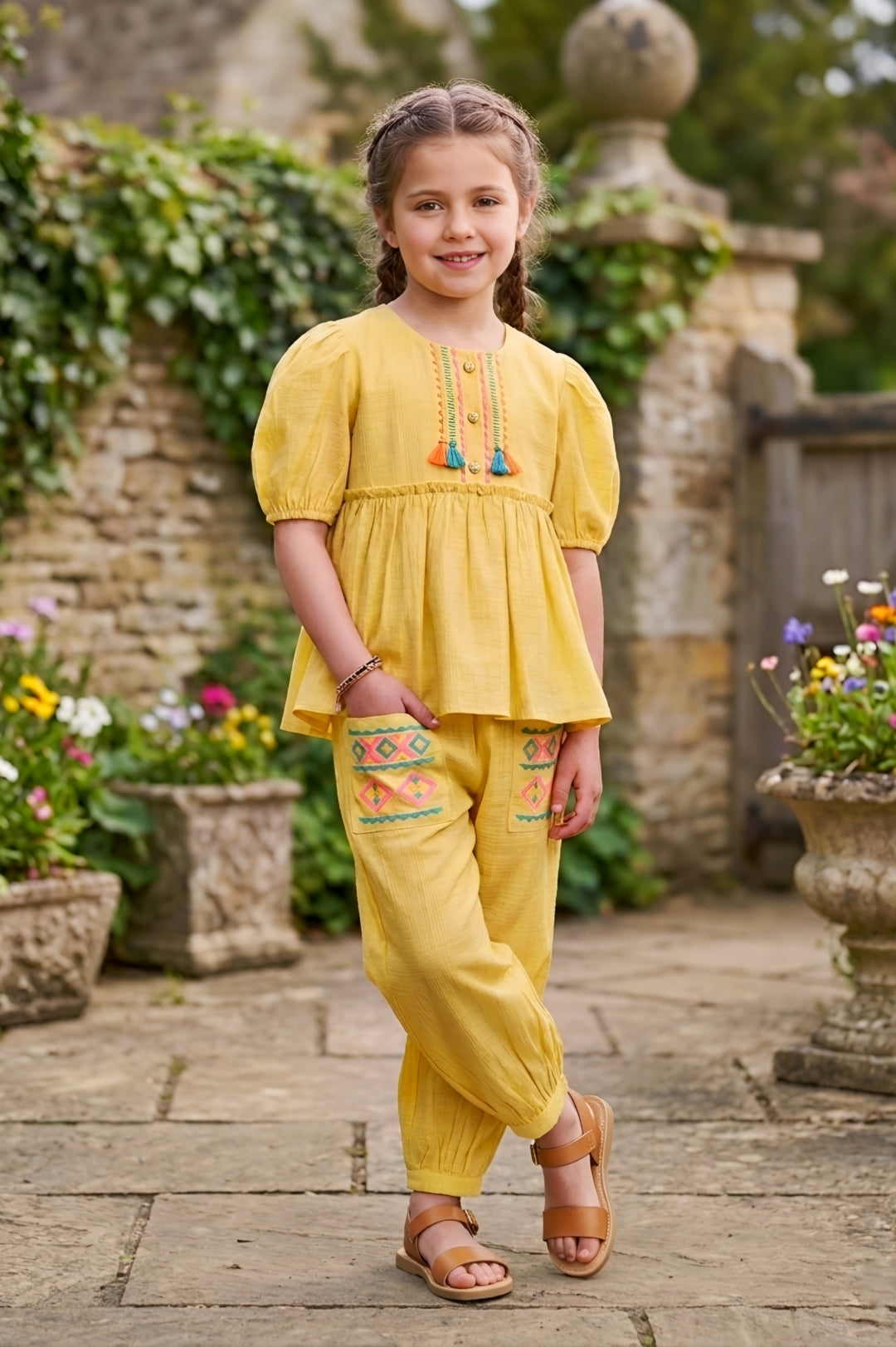Girls Yellow 2-Piece Peplum Set with Embroidered Design & Capri Pants