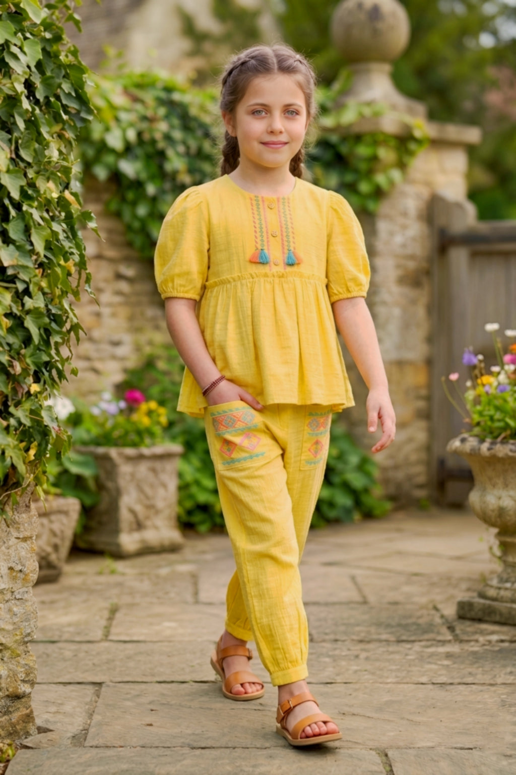 Girls Yellow 2-Piece Peplum Set with Embroidered Design & Capri Pants