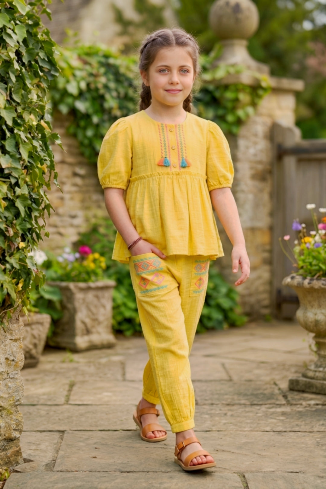 Girls Yellow 2-Piece Peplum Set with Embroidered Design & Capri Pants