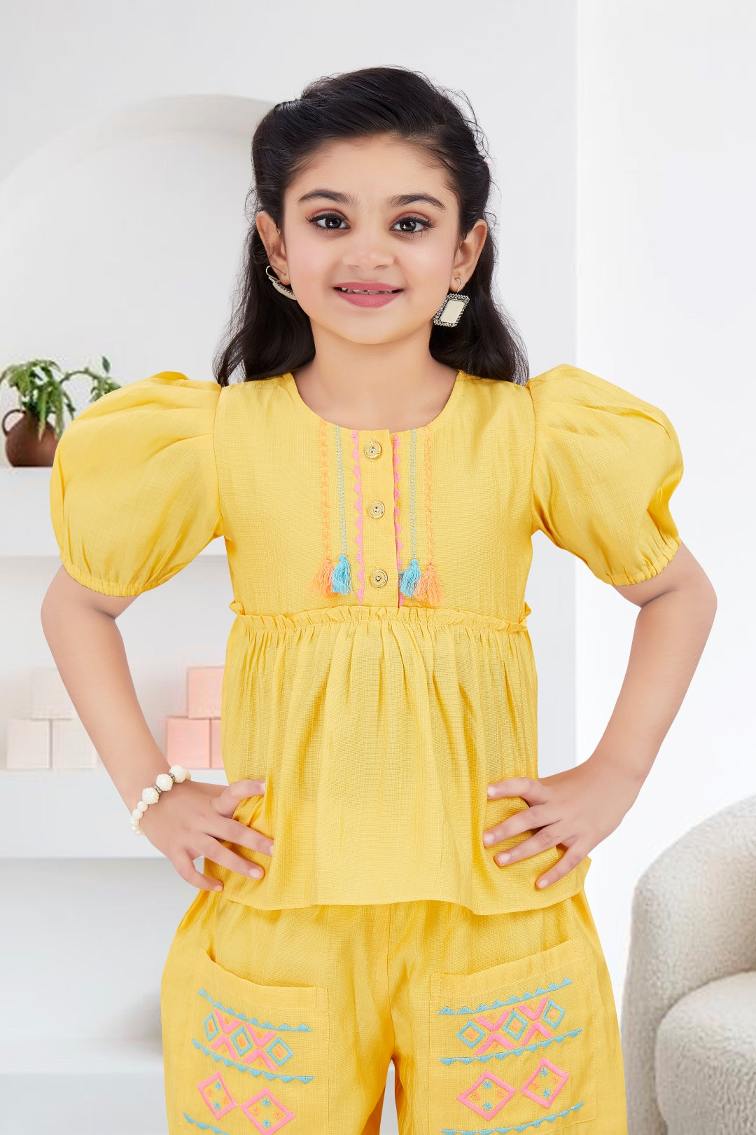 Girls 2-Piece Peplum Set with Embroidered Design & Capri Pants