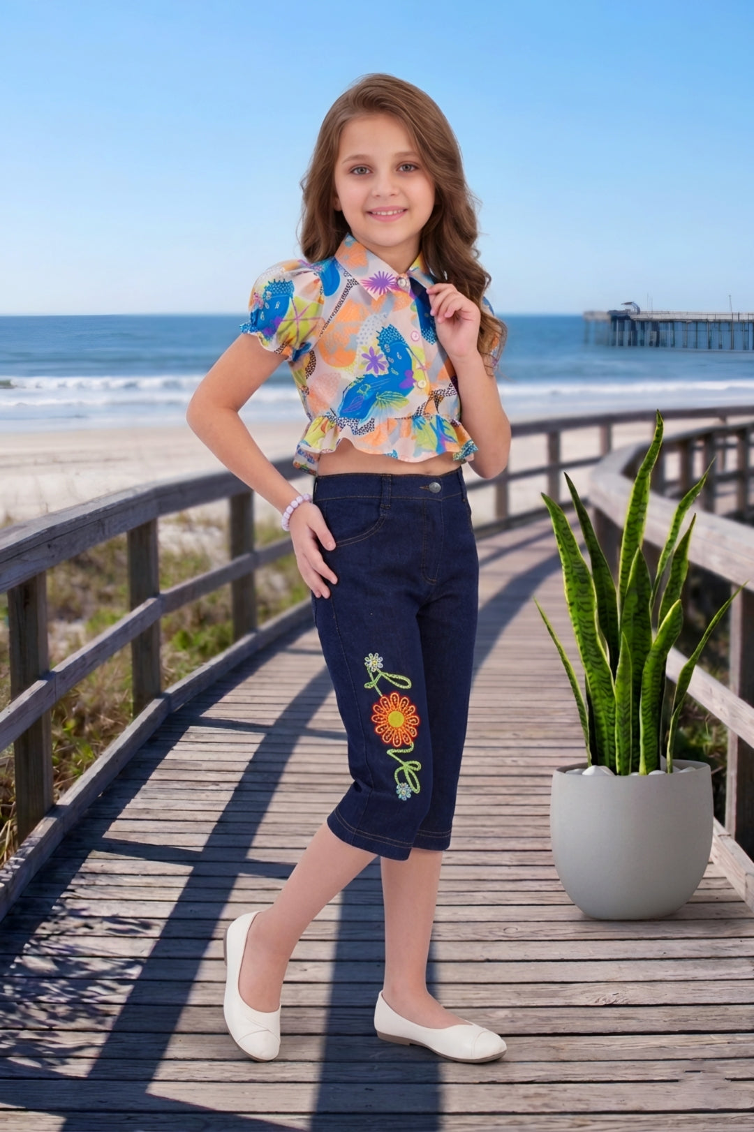 Girls Orange Colorful Abstract Print Ruffle Crop Top & Embroidered Denim Capri Set