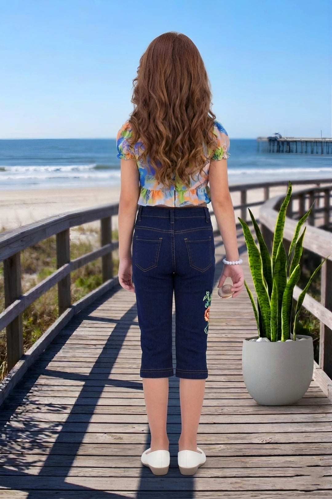 Girls Orange Colorful Abstract Print Ruffle Crop Top & Embroidered Denim Capri Set
