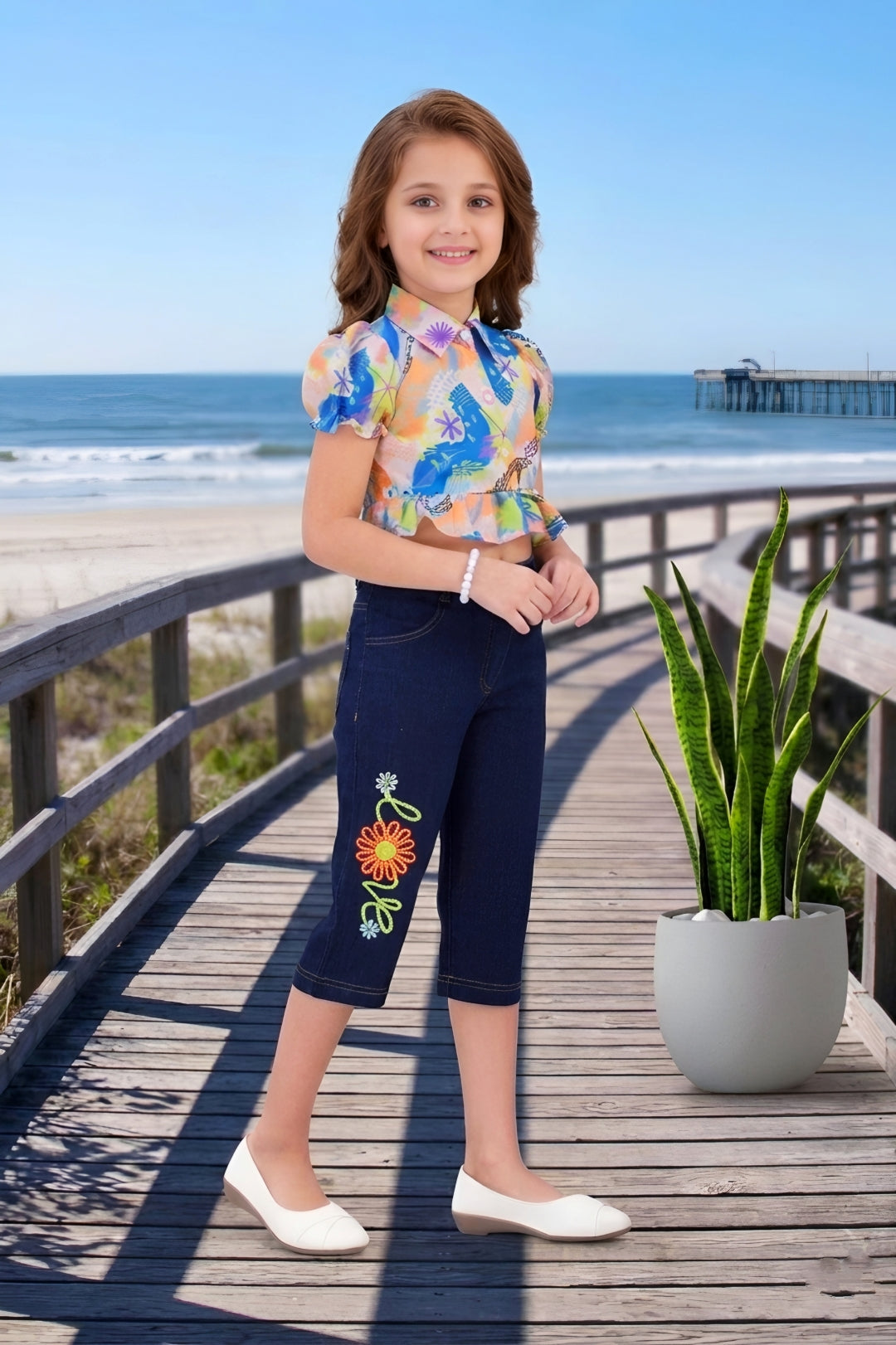 Girls Orange Colorful Abstract Print Ruffle Crop Top & Embroidered Denim Capri Set