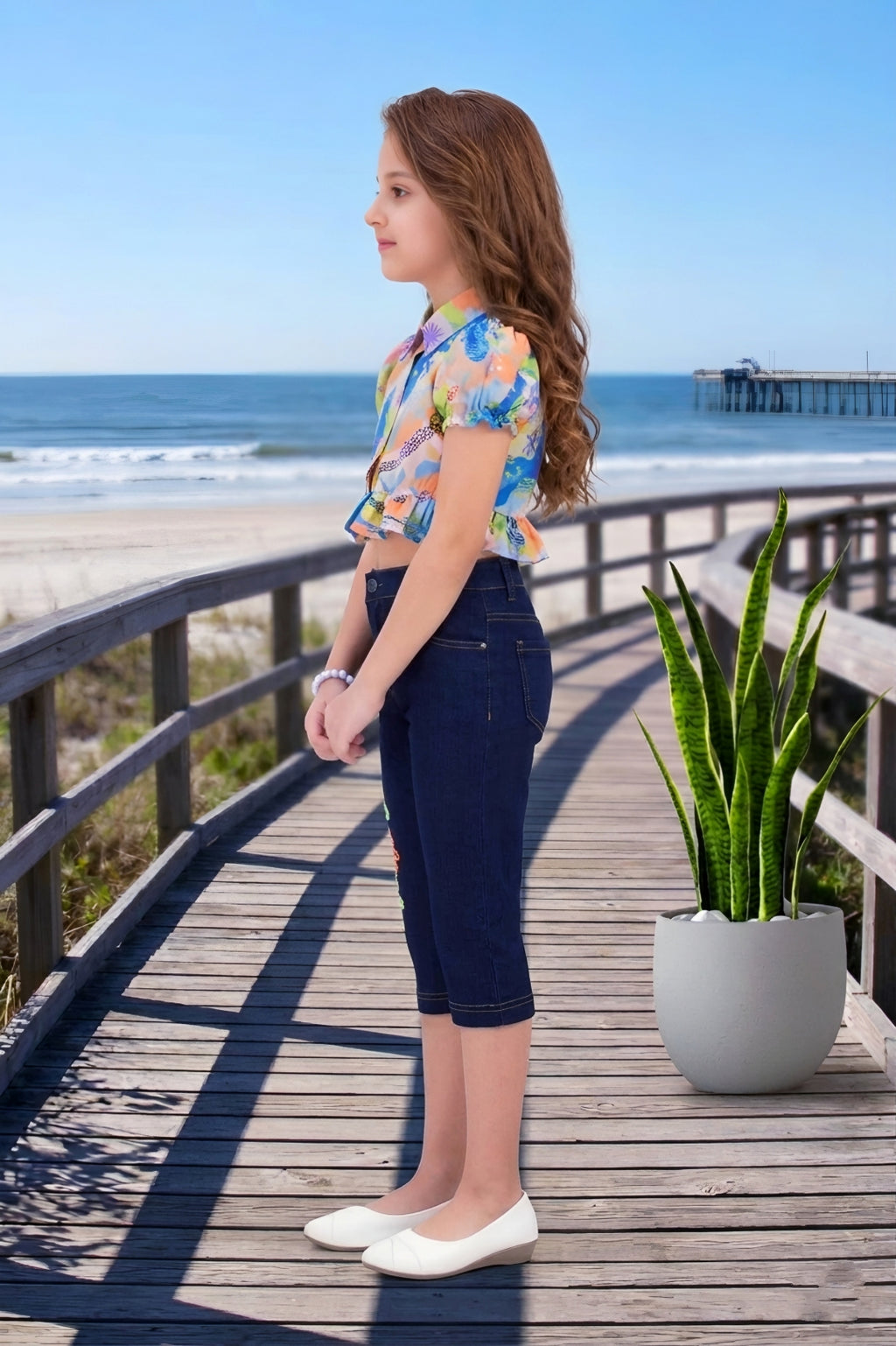 Girls Orange Colorful Abstract Print Ruffle Crop Top & Embroidered Denim Capri Set
