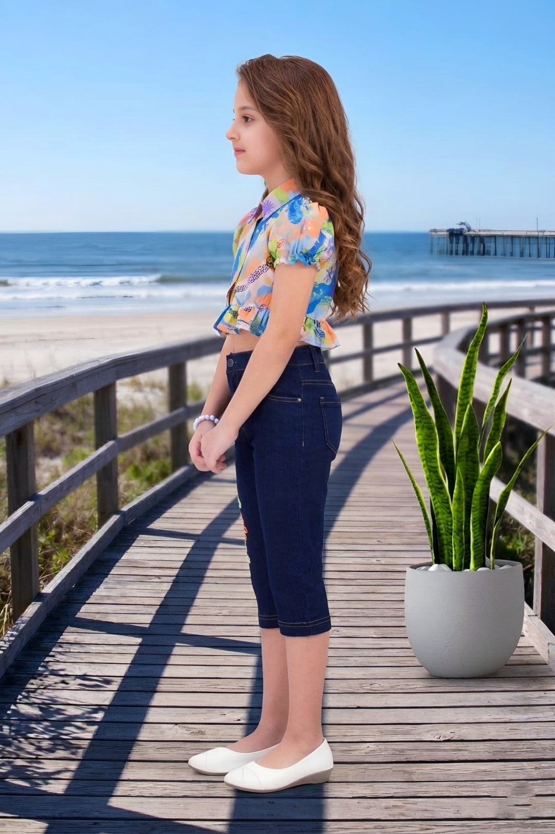 Girls Orange Colorful Abstract Print Ruffle Crop Top & Embroidered Denim Capri Set