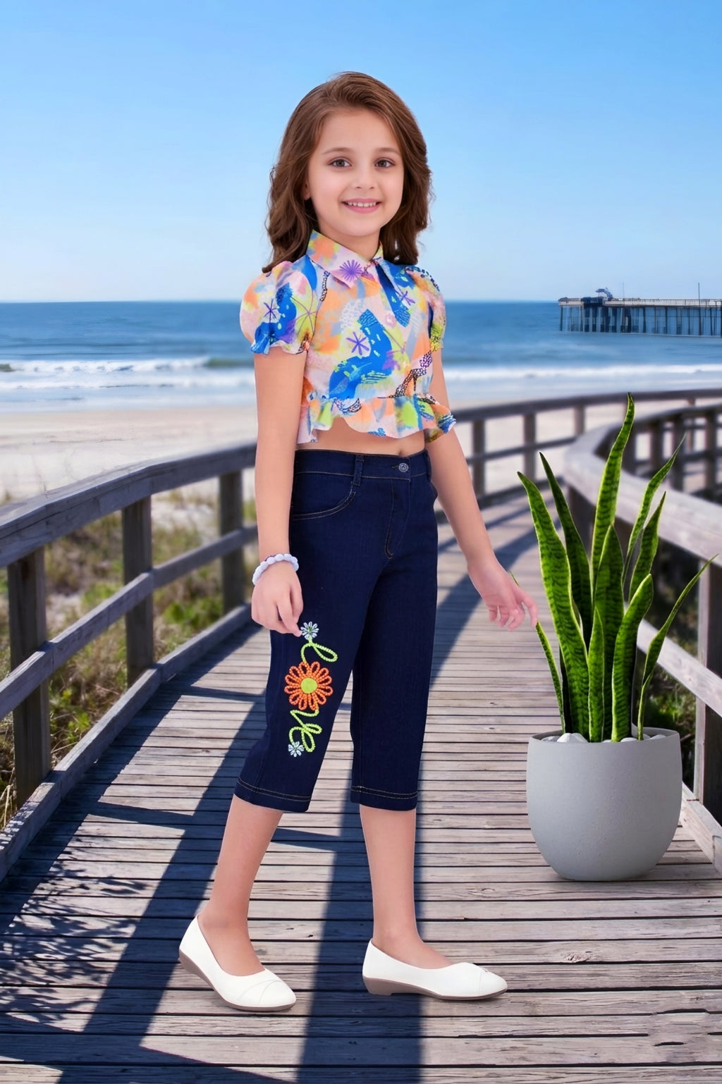 Girls Orange Colorful Abstract Print Ruffle Crop Top & Embroidered Denim Capri Set
