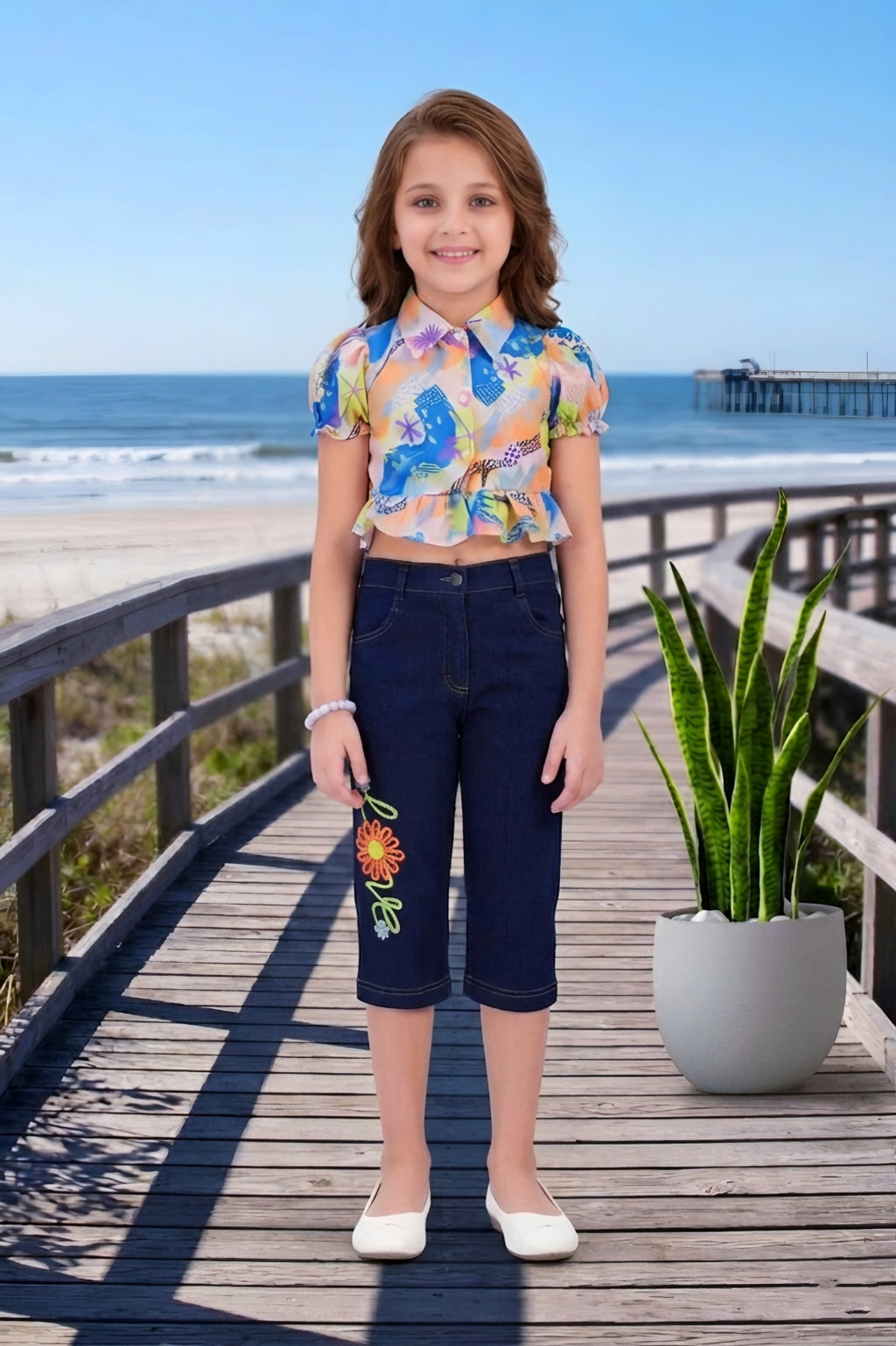 Girls Orange Colorful Abstract Print Ruffle Crop Top & Embroidered Denim Capri Set