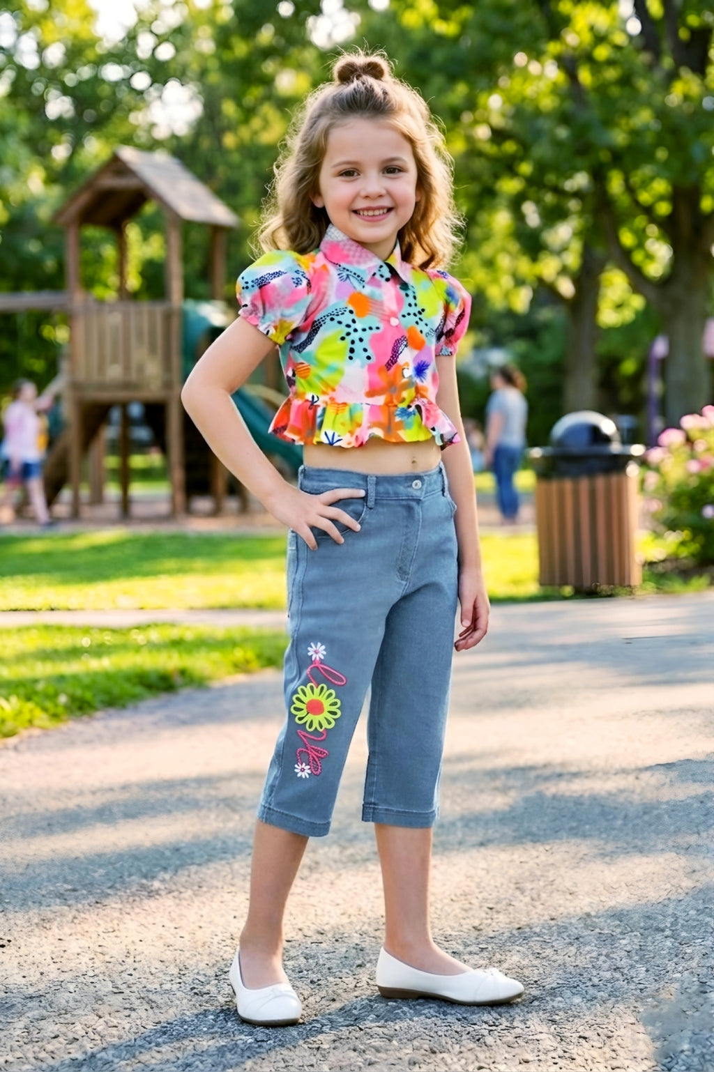 Girls Pink Colorful Abstract Print Ruffle Crop Top & Embroidered Denim Capri Set