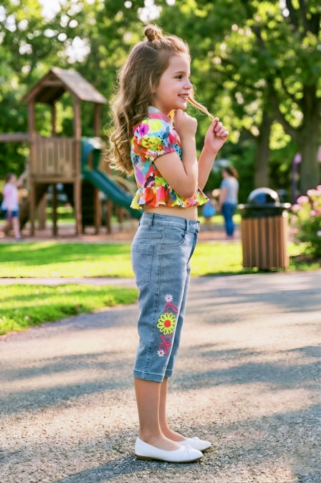 Girls Pink Colorful Abstract Print Ruffle Crop Top & Embroidered Denim Capri Set