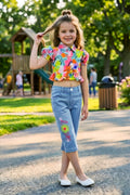 Girls Pink Colorful Abstract Print Ruffle Crop Top & Embroidered Denim Capri Set