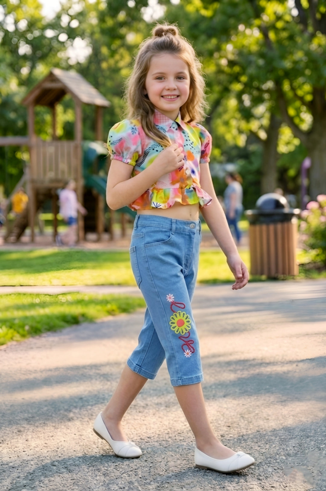 Girls Pink Colorful Abstract Print Ruffle Crop Top & Embroidered Denim Capri Set