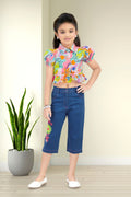 Girls Pink Colorful Abstract Print Ruffle Crop Top & Embroidered Denim Capri Set