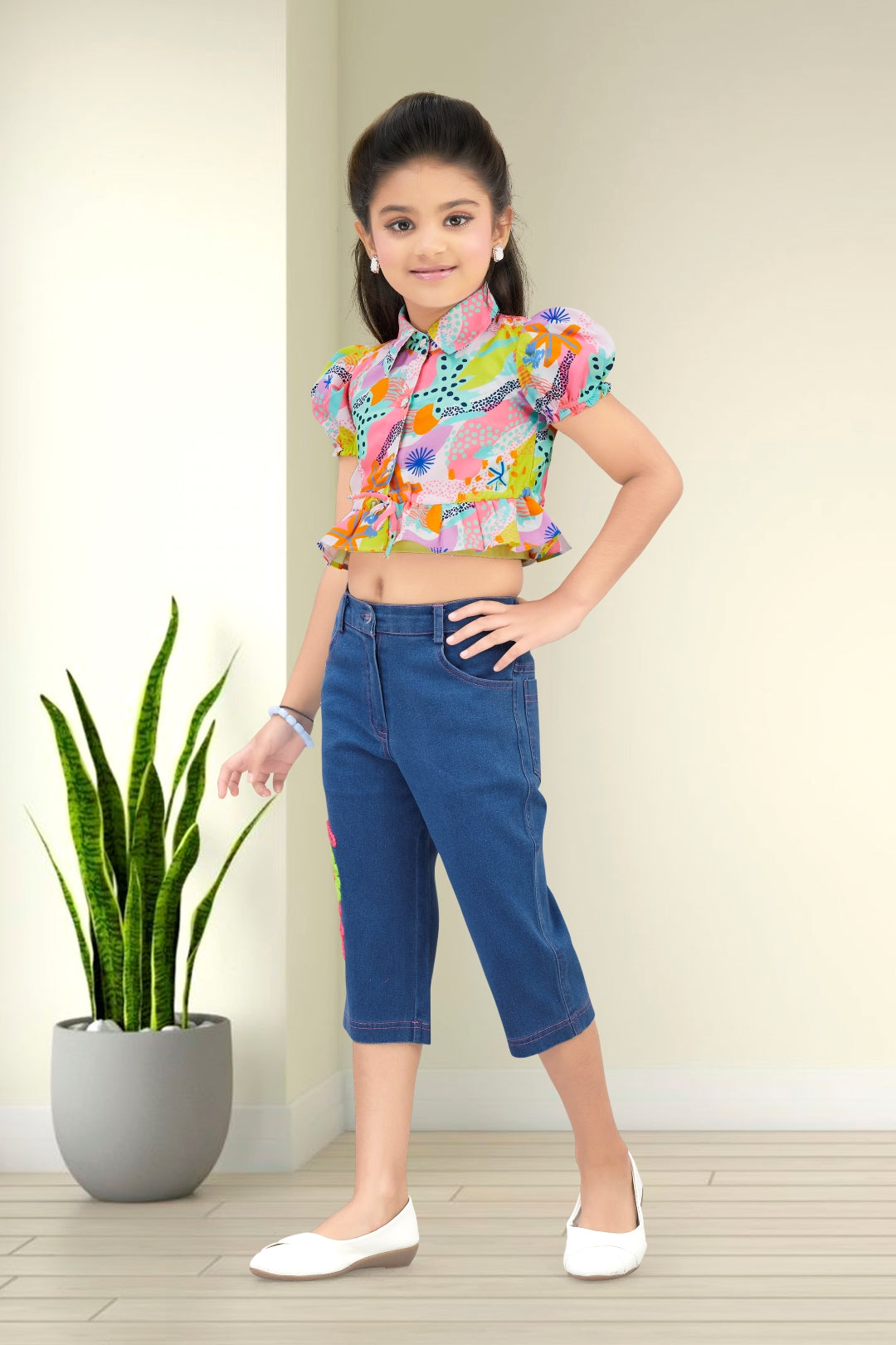 Girls Pink Colorful Abstract Print Ruffle Crop Top & Embroidered Denim Capri Set