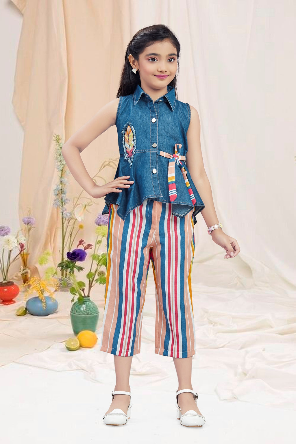 Girls 2-Piece Denim & Striped Capri Set