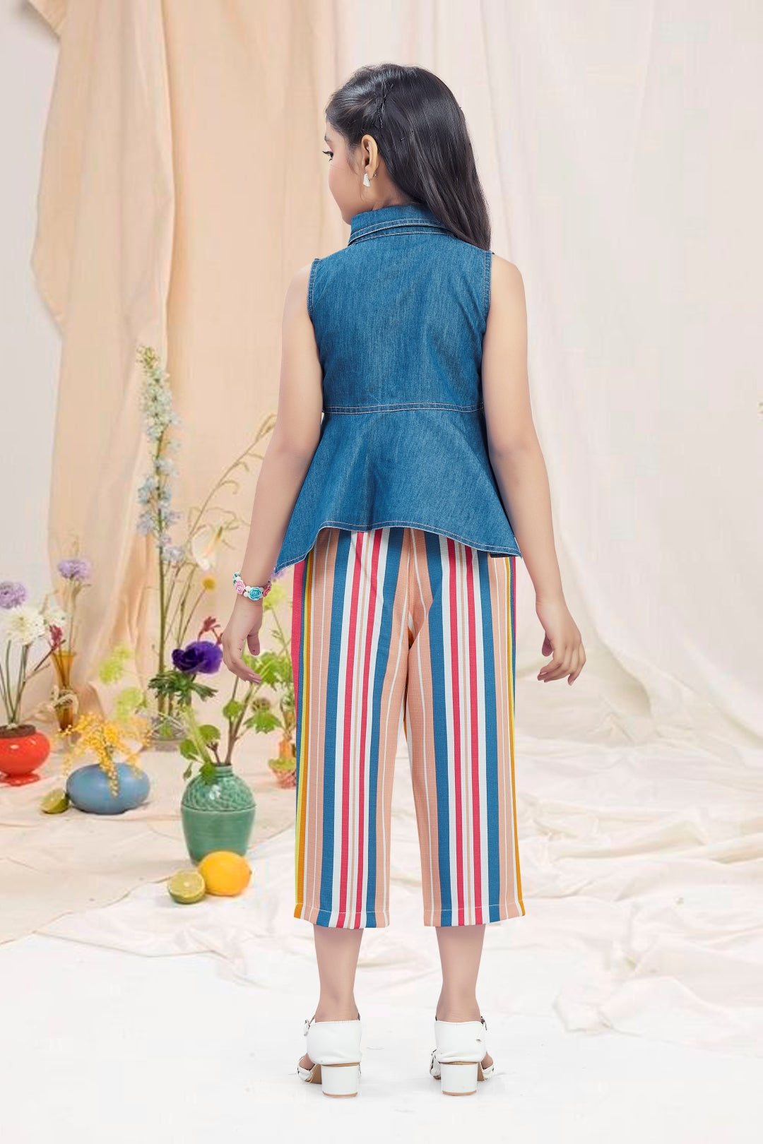 Girls 2-Piece Denim & Striped Capri Set