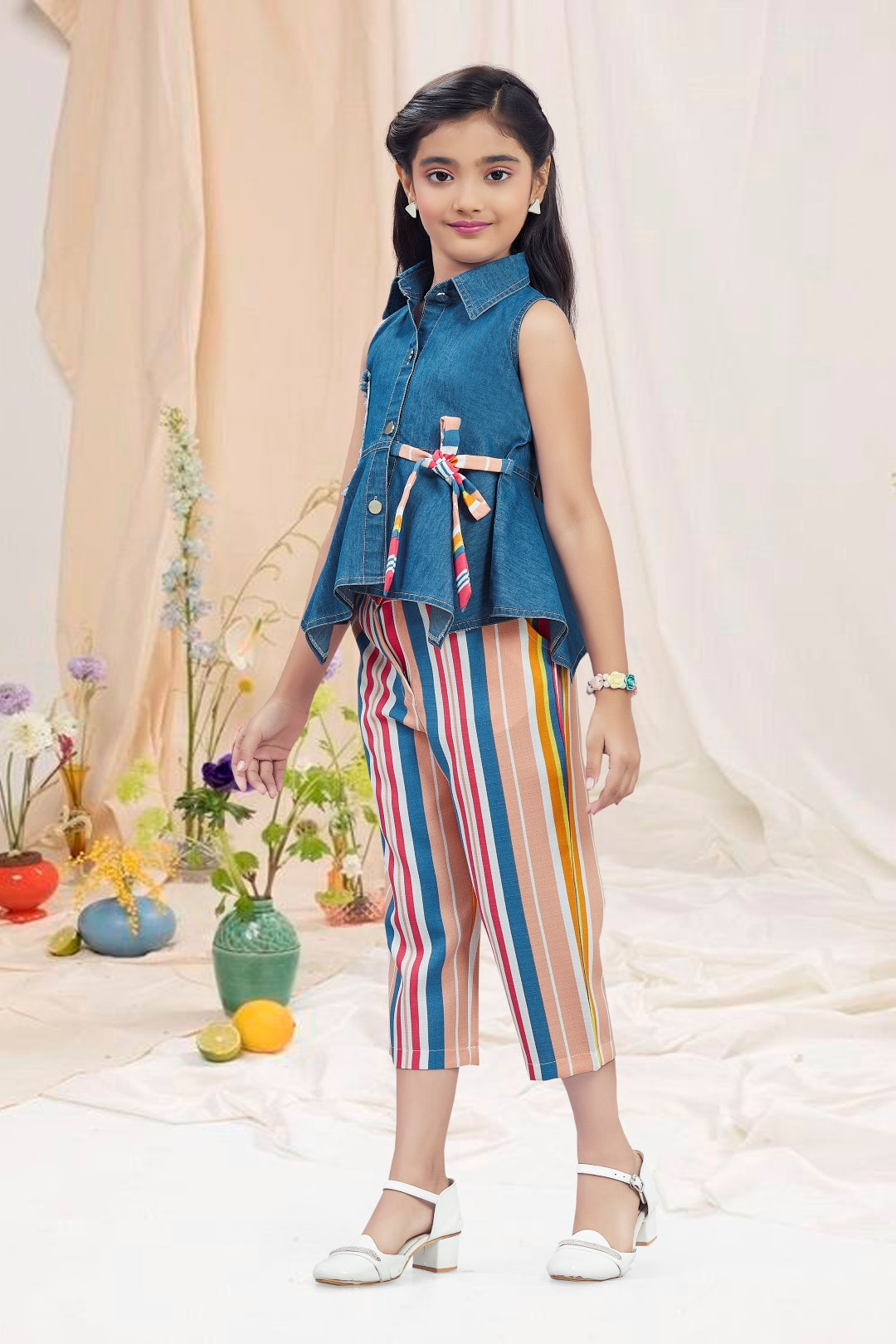 Girls 2-Piece Denim & Striped Capri Set