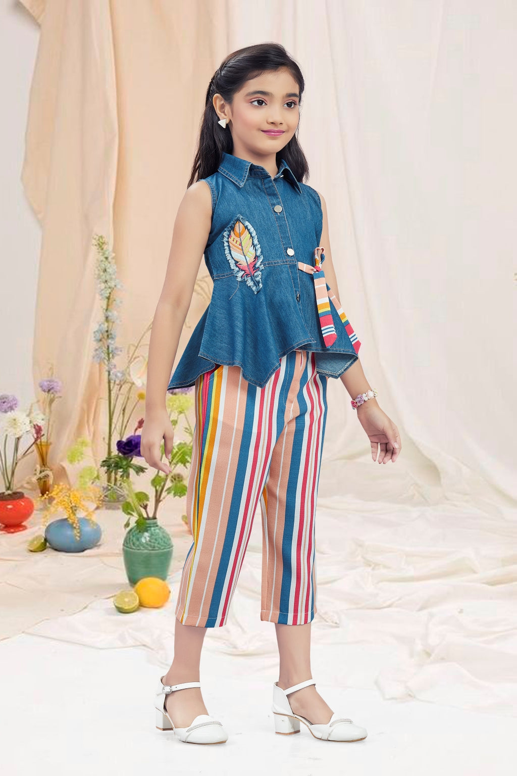 Girls 2-Piece Denim & Striped Capri Set