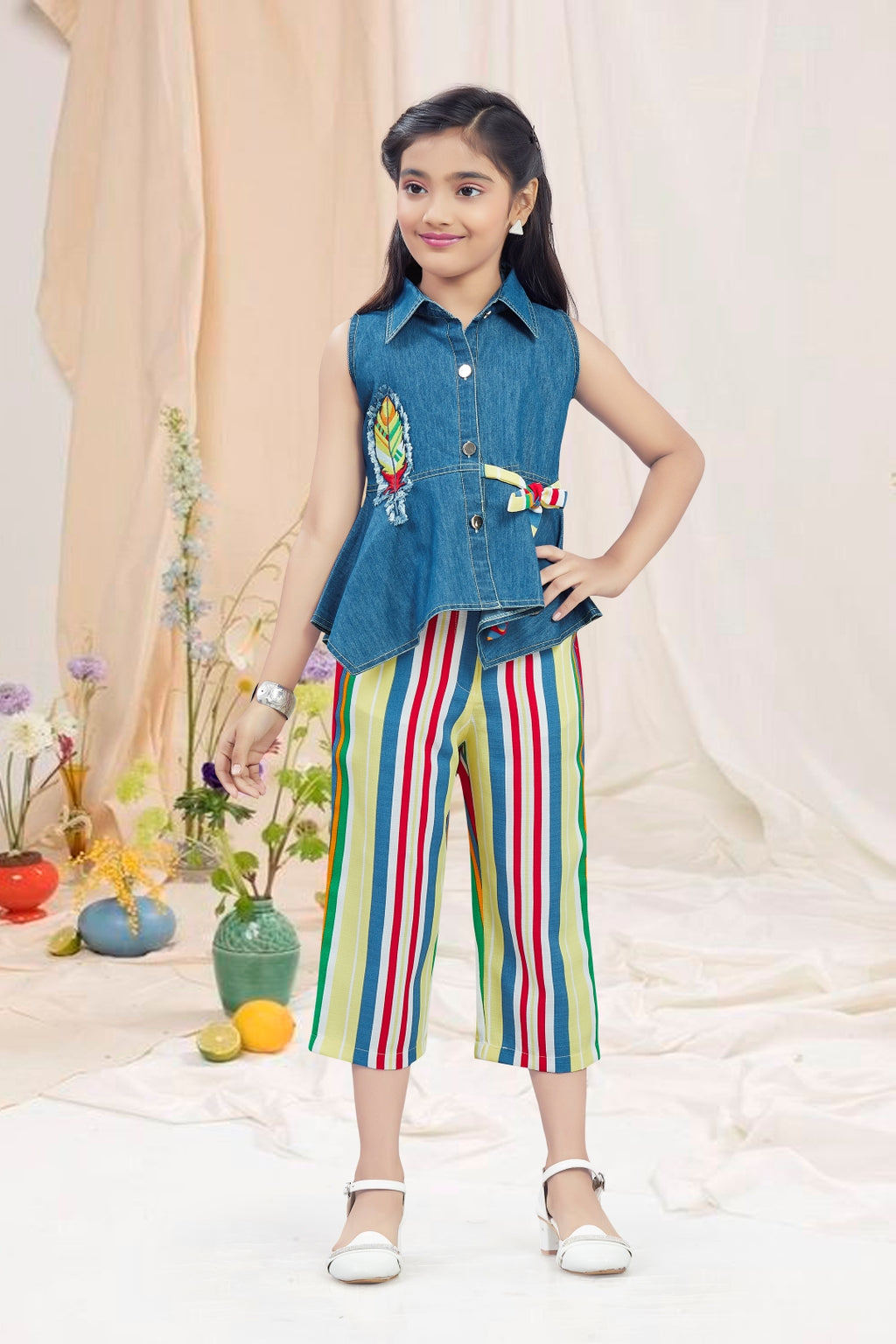 Girls 2-Piece Denim & Striped Capri Set