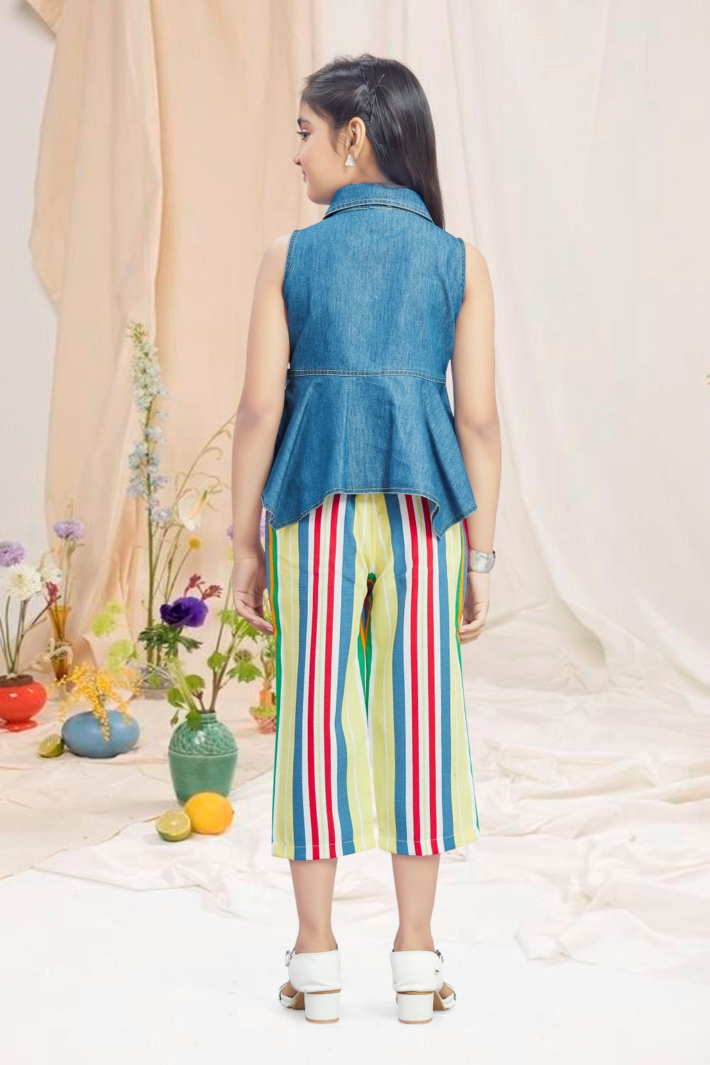 Girls 2-Piece Denim & Striped Capri Set