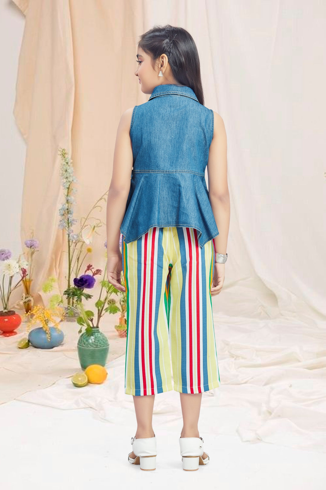 Girls 2-Piece Denim & Striped Capri Set