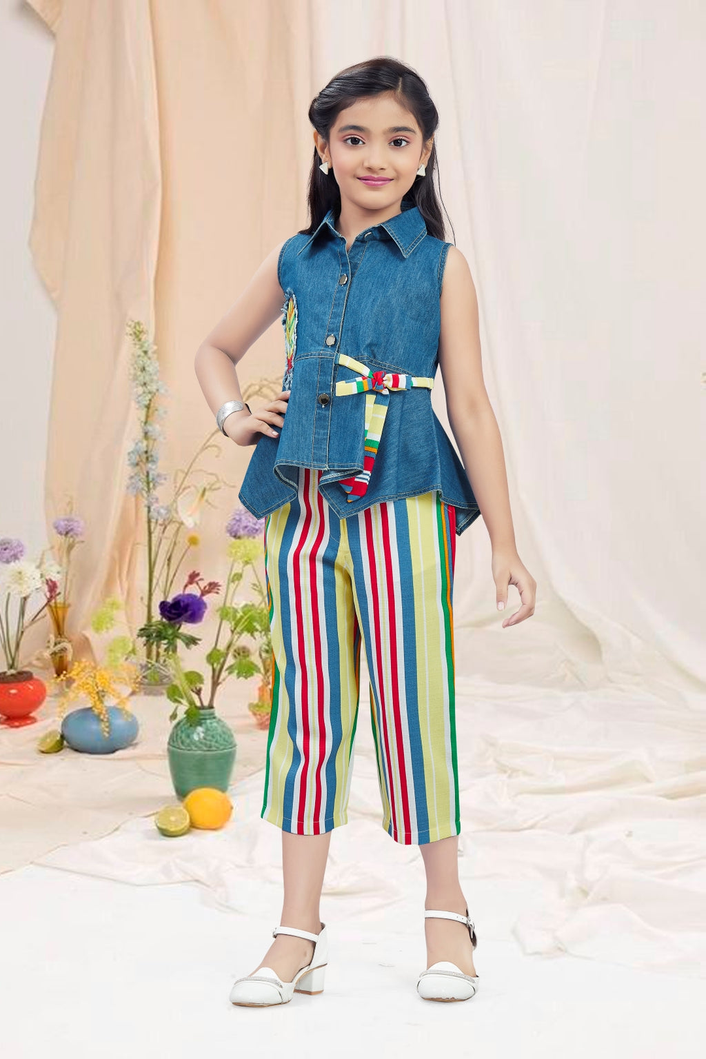 Girls 2-Piece Denim & Striped Capri Set