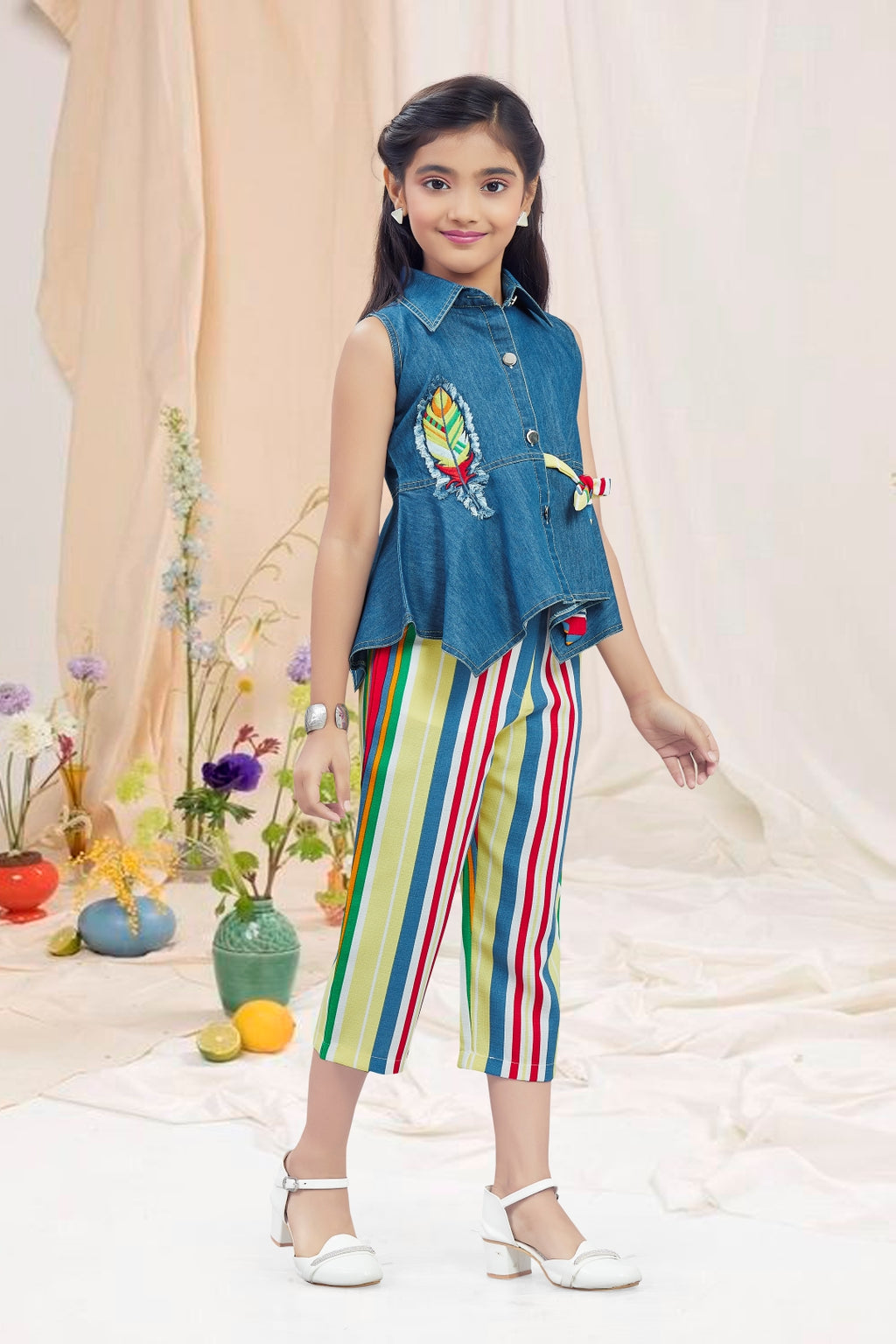 Girls 2-Piece Denim & Striped Capri Set