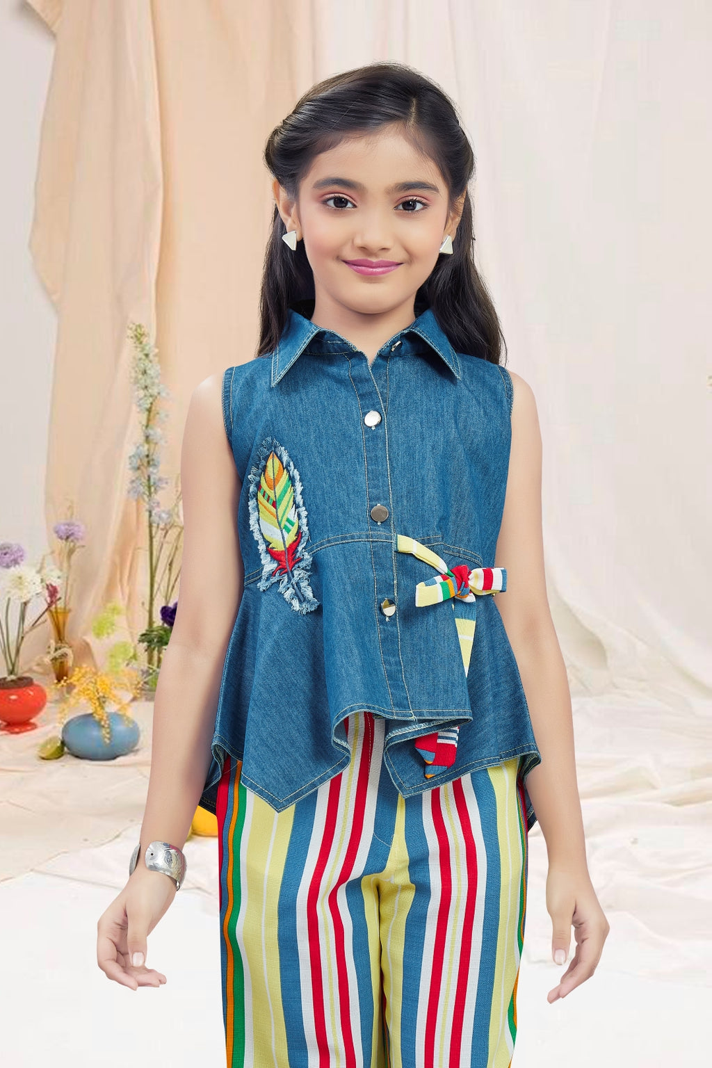 Girls 2-Piece Denim & Striped Capri Set