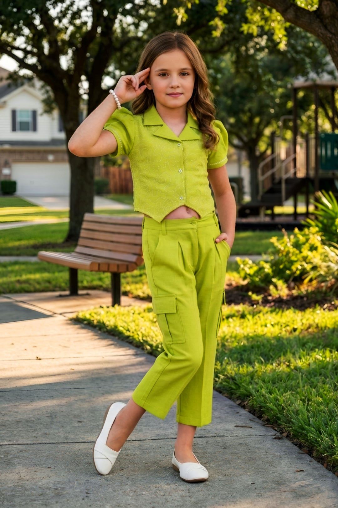 Girls Green 2-Piece Embroidered Design Coordinate Set