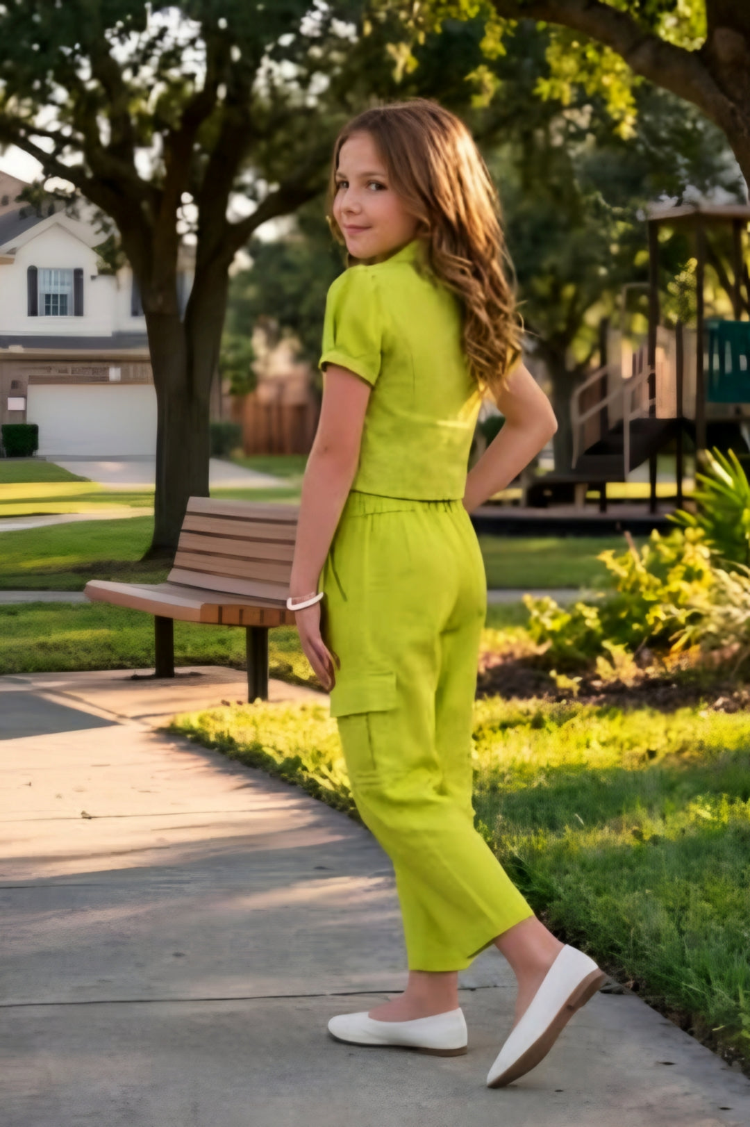 Girls Green 2-Piece Embroidered Design Coordinate Set