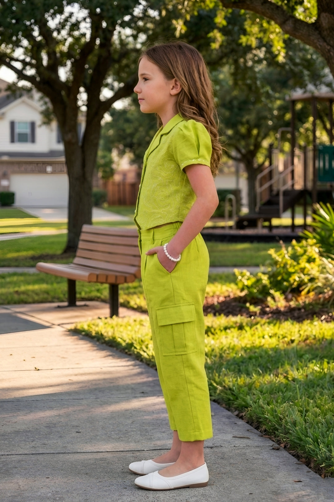 Girls Green 2-Piece Embroidered Design Coordinate Set