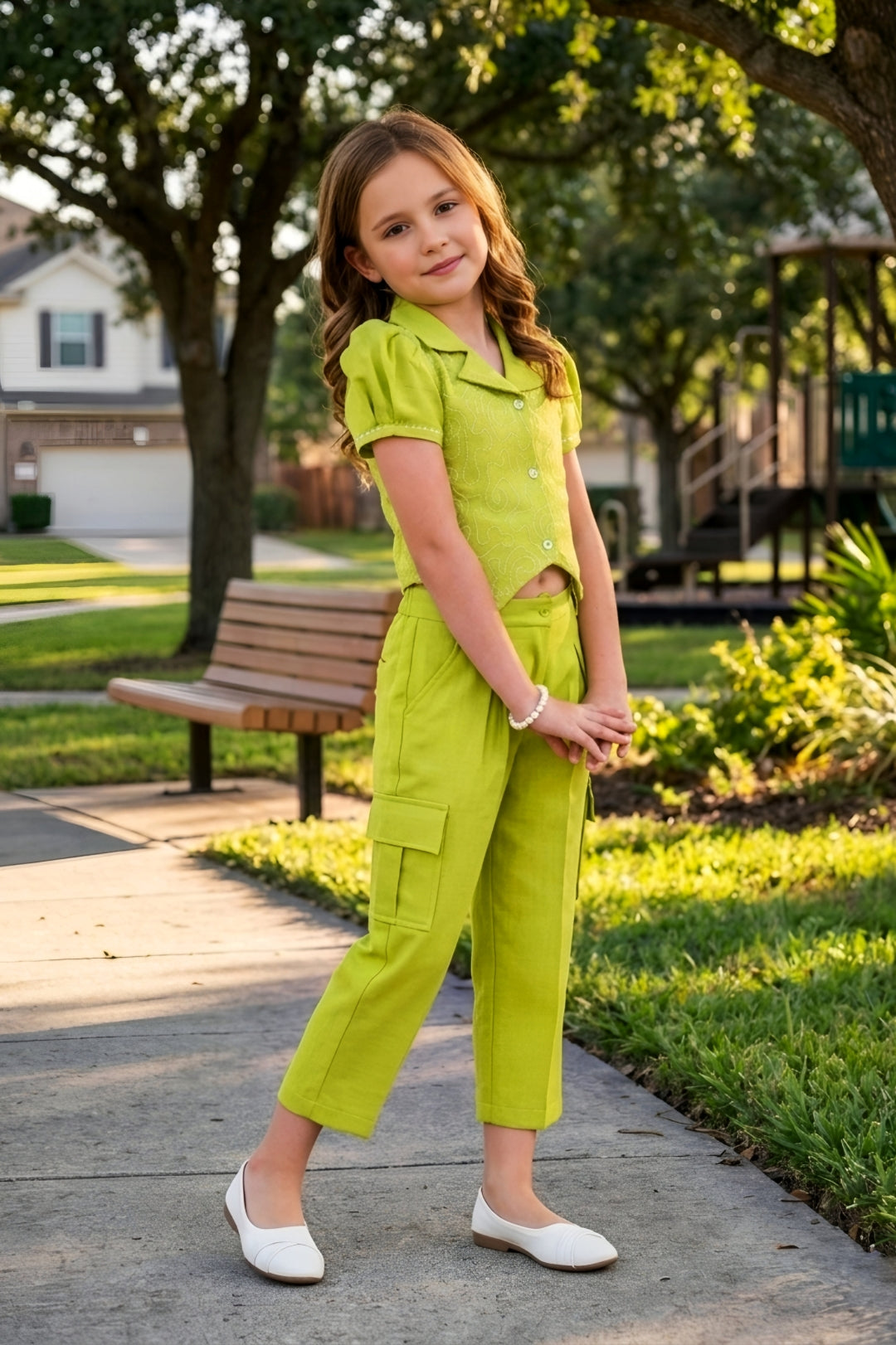 Girls Green 2-Piece Embroidered Design Coordinate Set