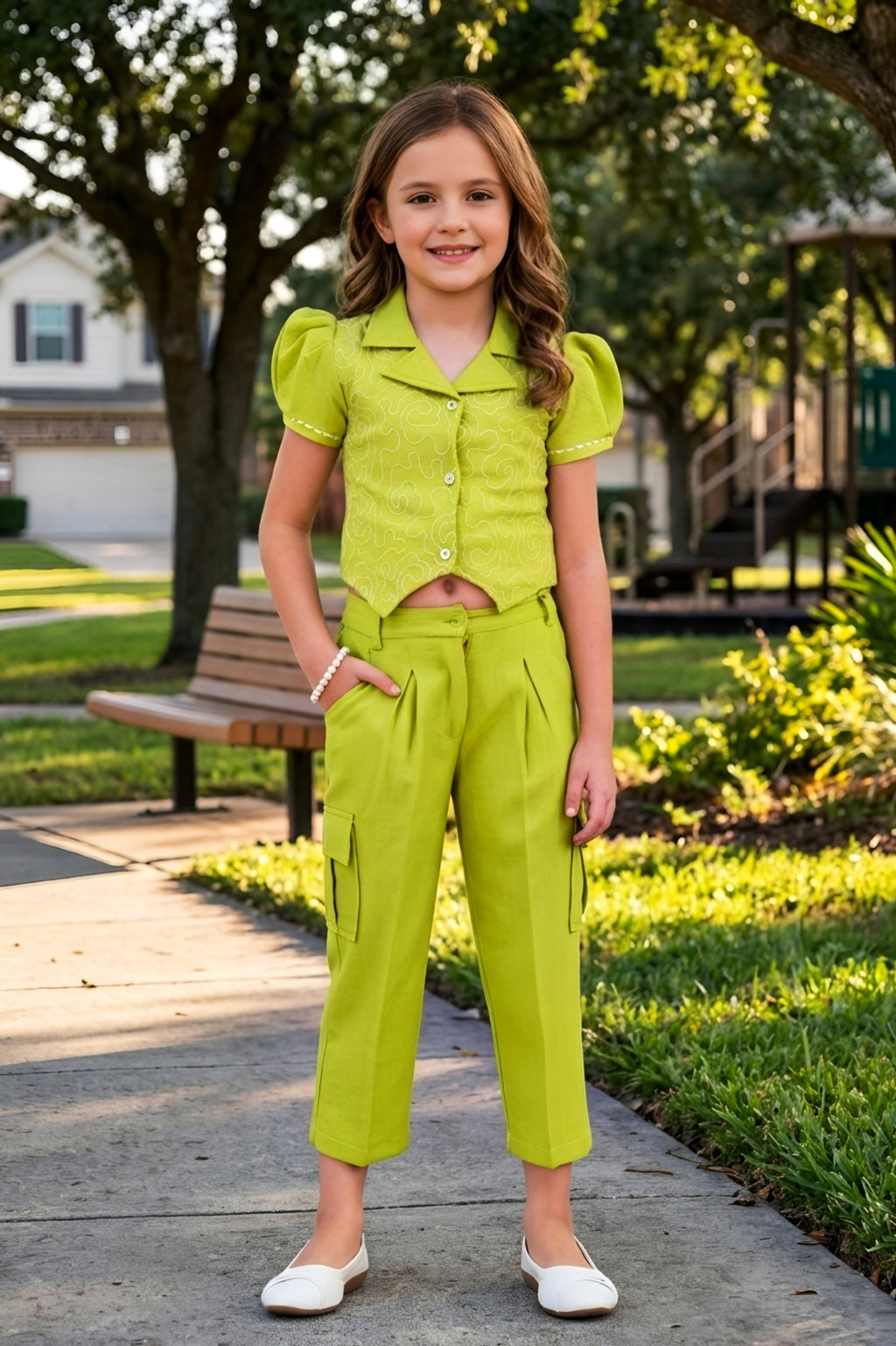 Girls Green 2-Piece Embroidered Design Coordinate Set