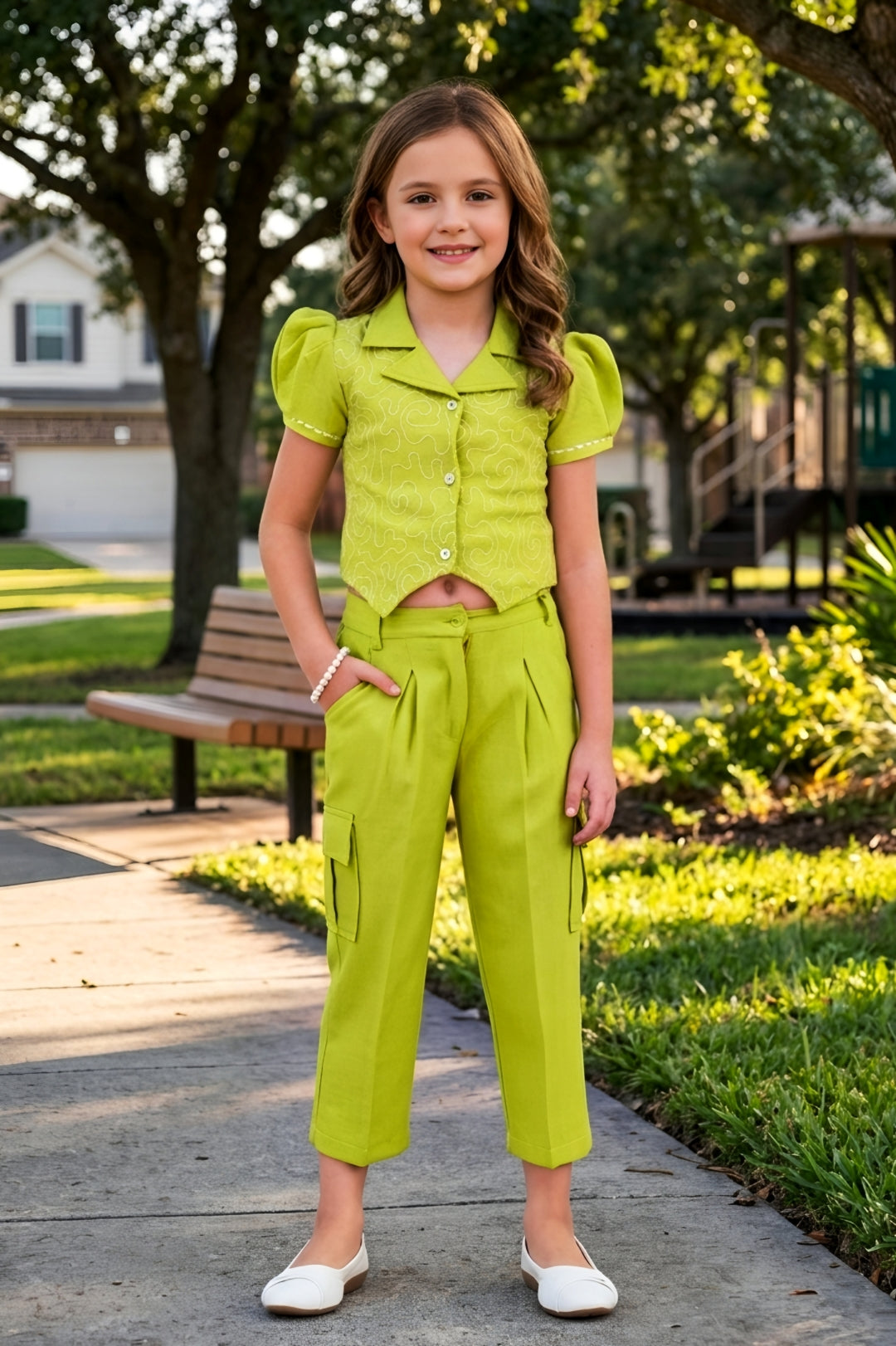 Girls Green 2-Piece Embroidered Design Coordinate Set