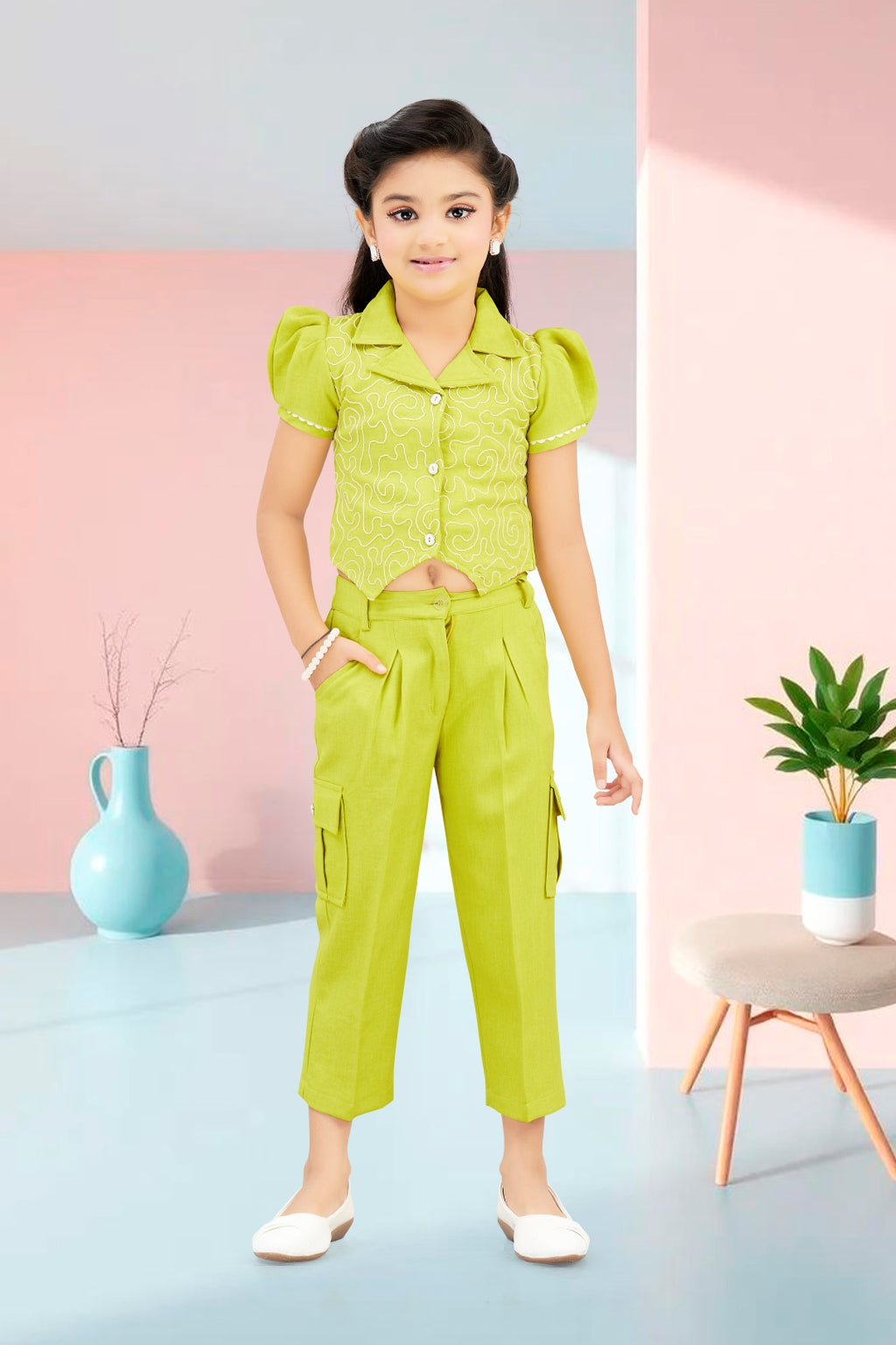 Girls Green 2-Piece Embroidered Design Coordinate Set
