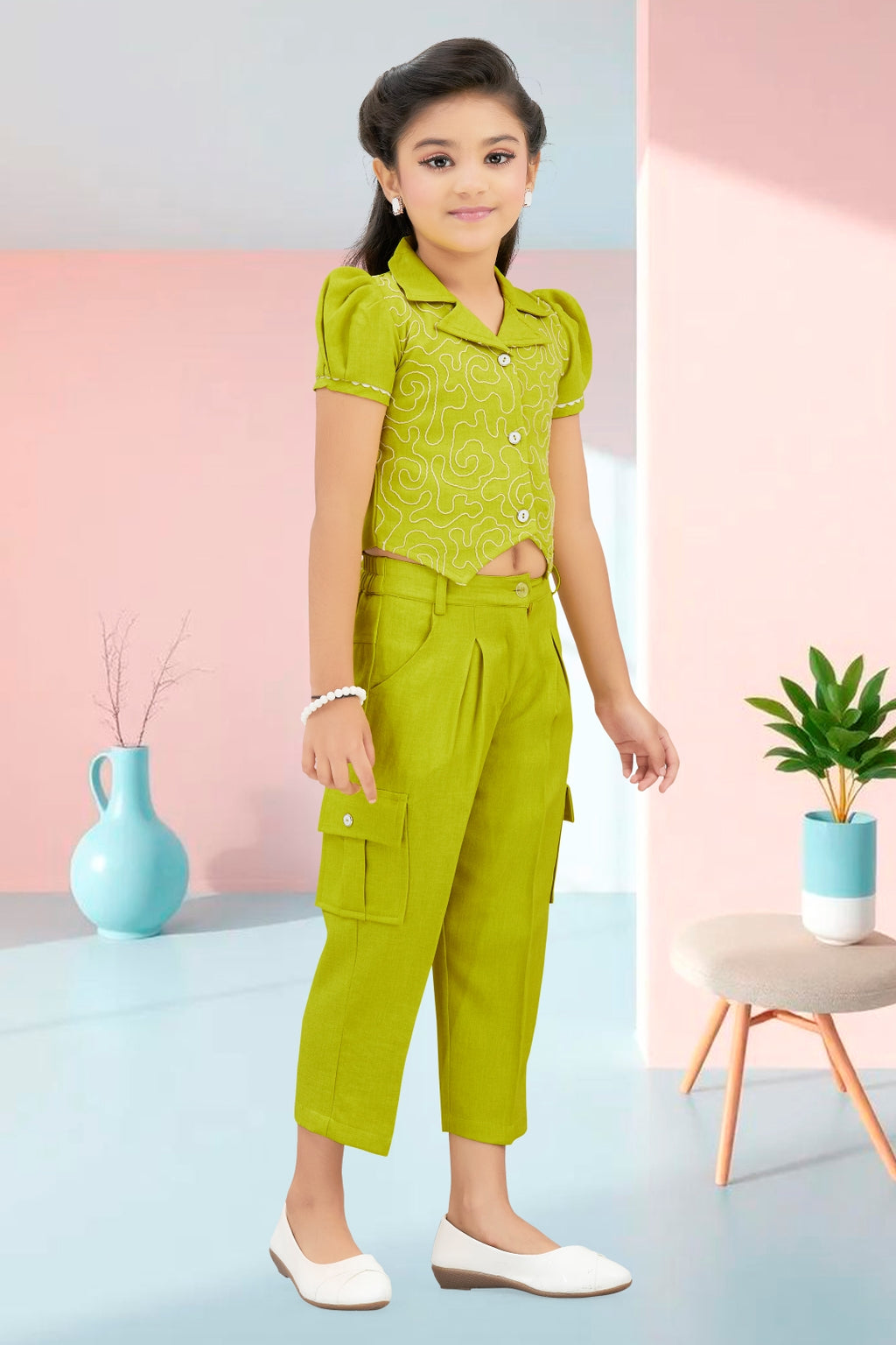 Girls Green 2-Piece Embroidered Design Coordinate Set