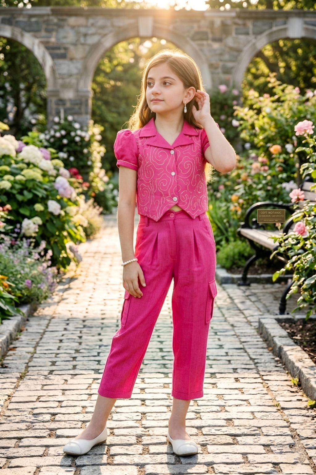 Girls Pink 2-Piece Embroidered Design Coordinate Set
