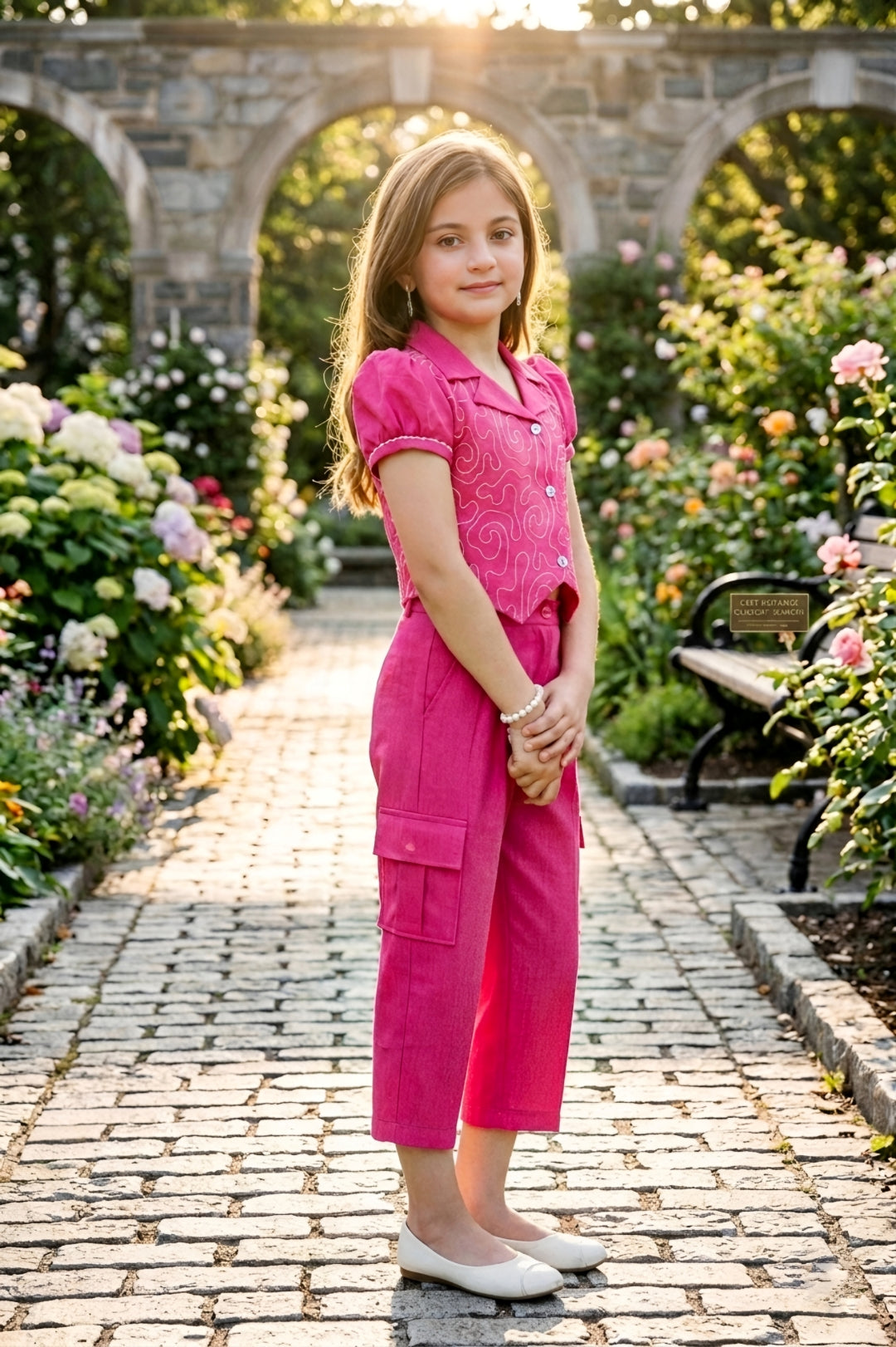 Girls Pink 2-Piece Embroidered Design Coordinate Set