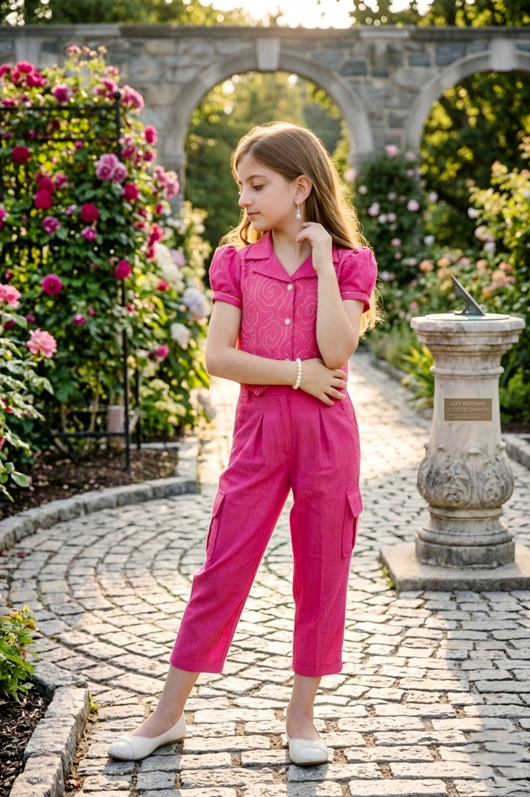 Girls Pink 2-Piece Embroidered Design Coordinate Set