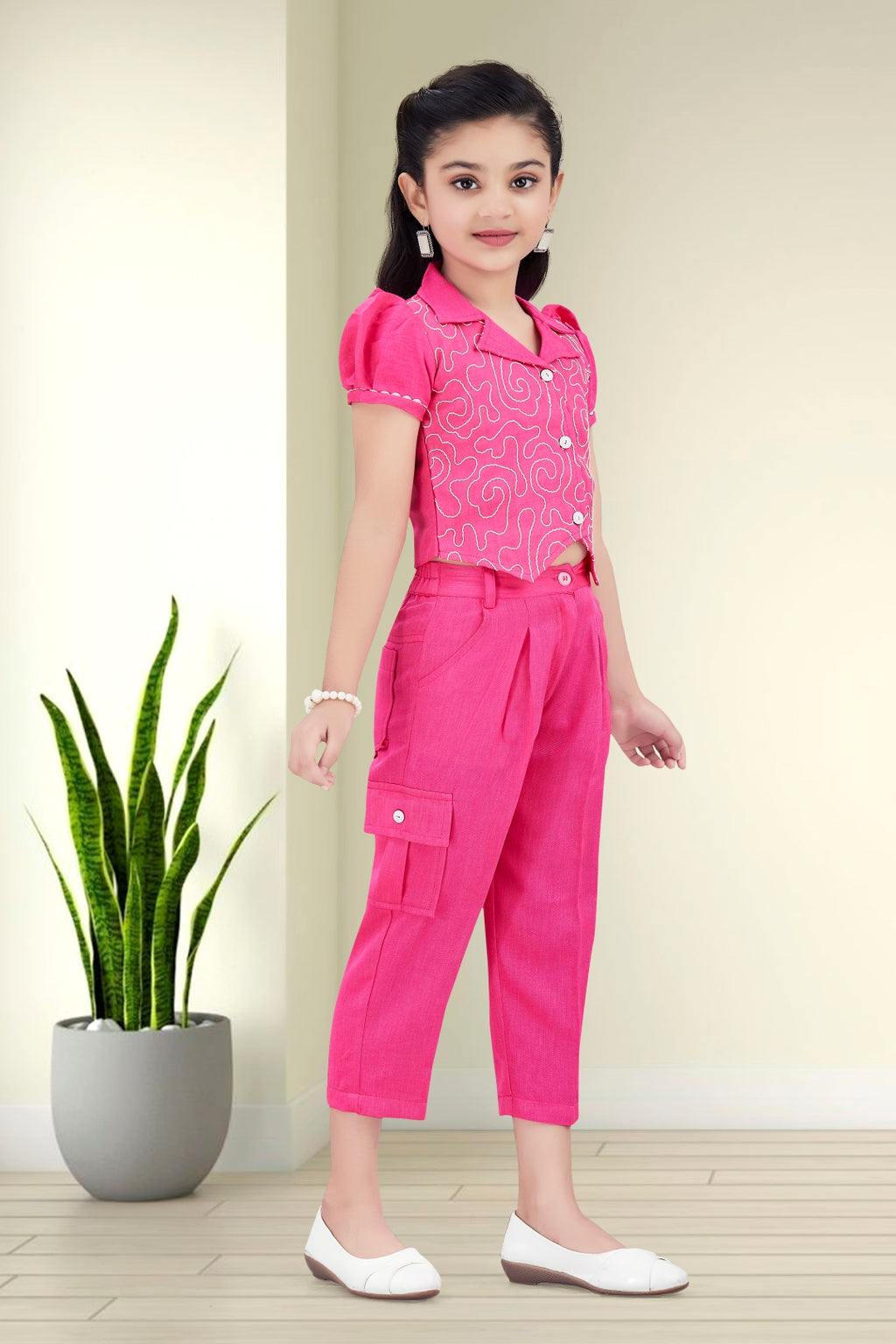 Girls Pink 2-Piece Embroidered Design Coordinate Set