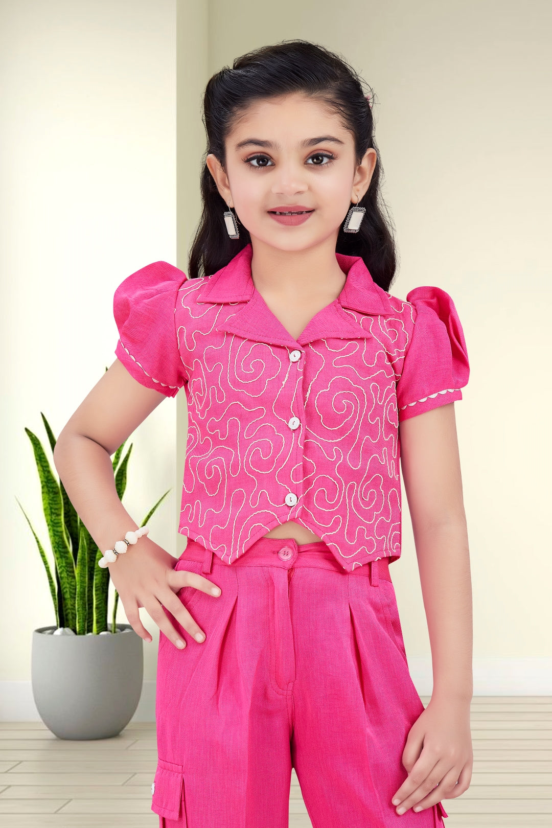 Girls Pink 2-Piece Embroidered Design Coordinate Set
