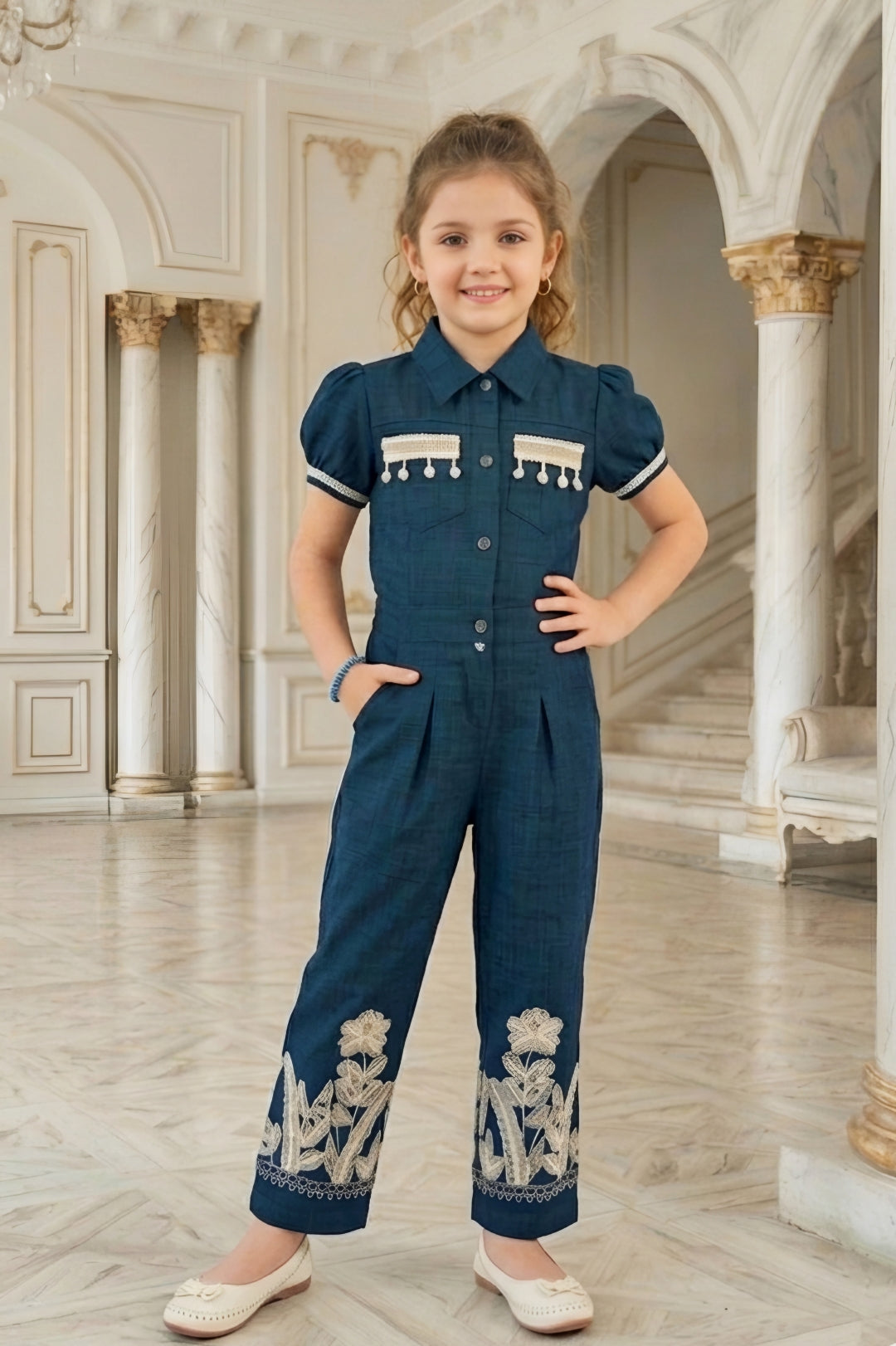 Girls Navy Blue Utility Co-ord Set with Puff Sleeves