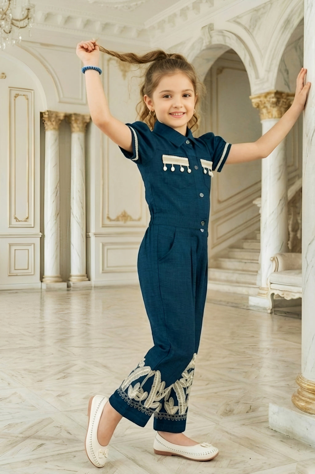Girls Navy Blue Utility Co-ord Set with Puff Sleeves
