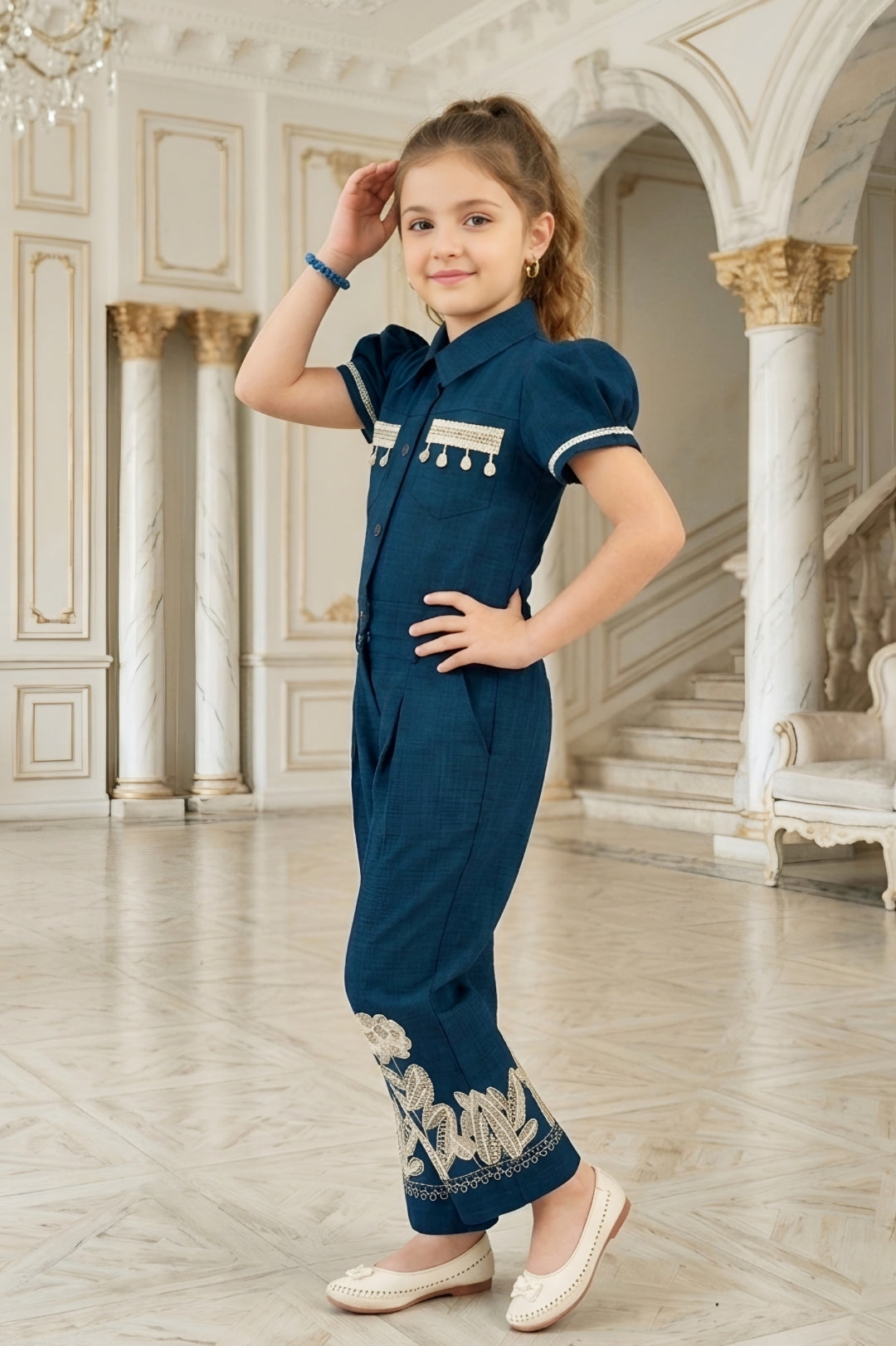 Girls Navy Blue Utility Co-ord Set with Puff Sleeves