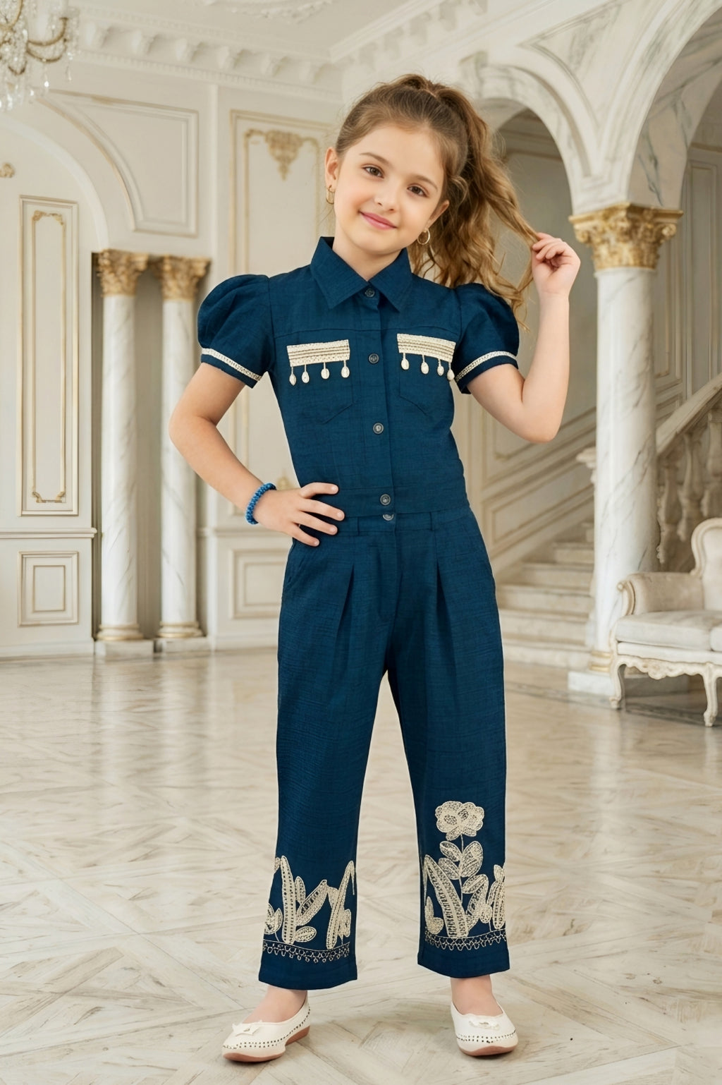 Girls Navy Blue Utility Co-ord Set with Puff Sleeves