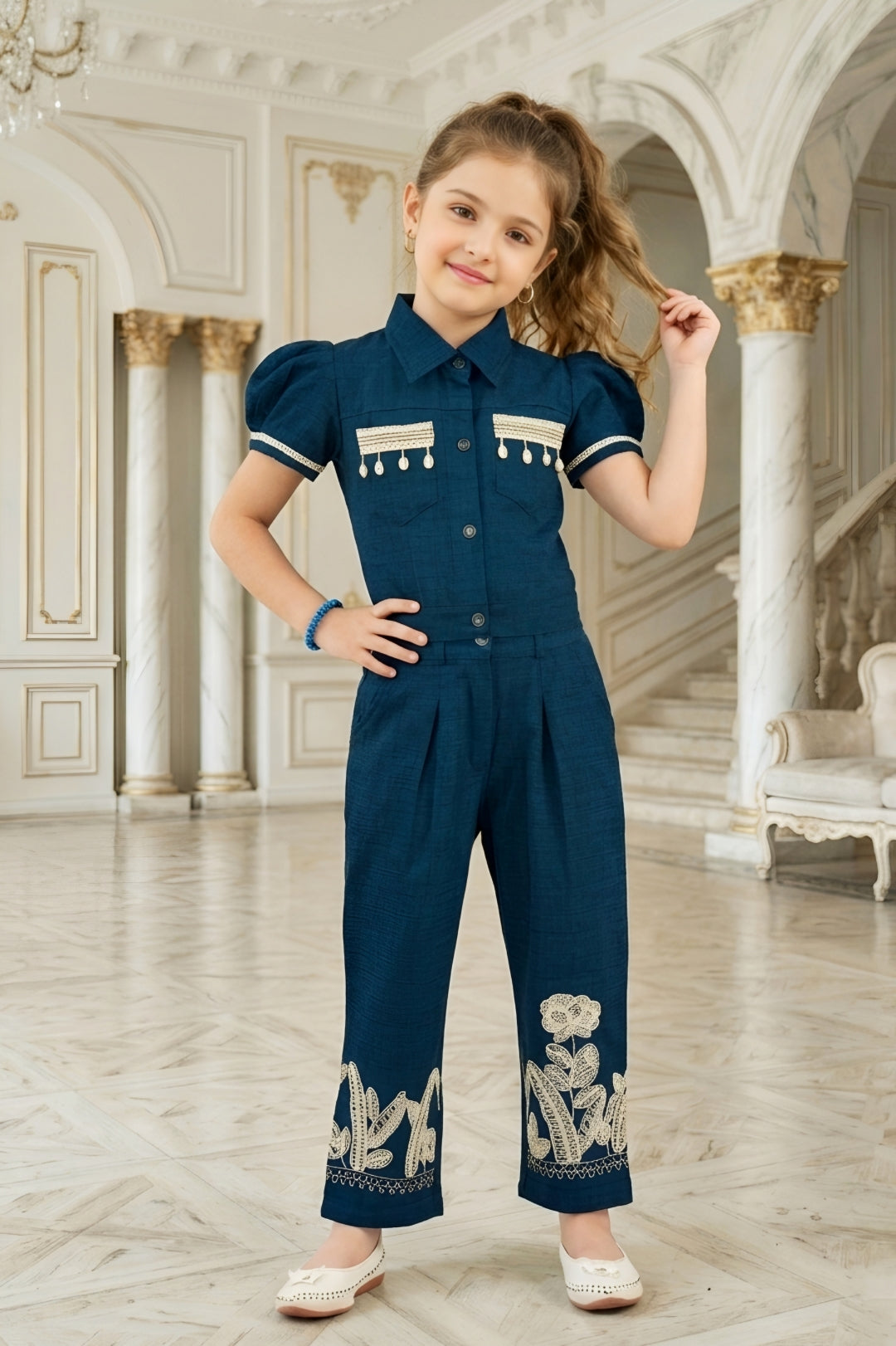 Girls Navy Blue Utility Co-ord Set with Puff Sleeves