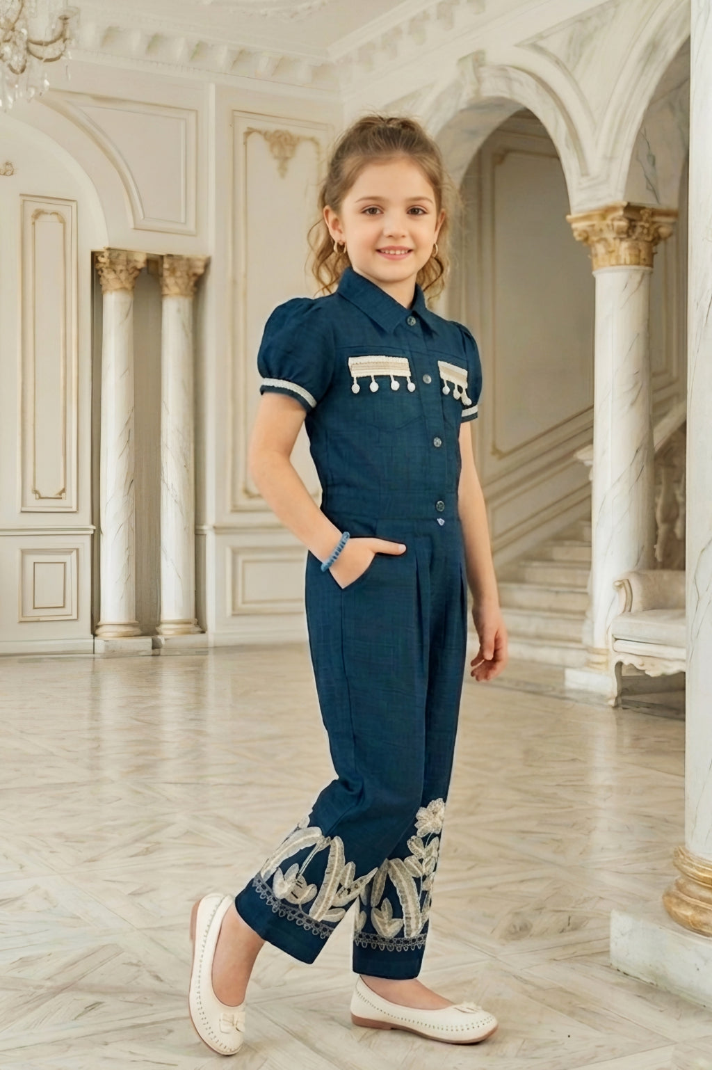 Girls Navy Blue Utility Co-ord Set with Puff Sleeves
