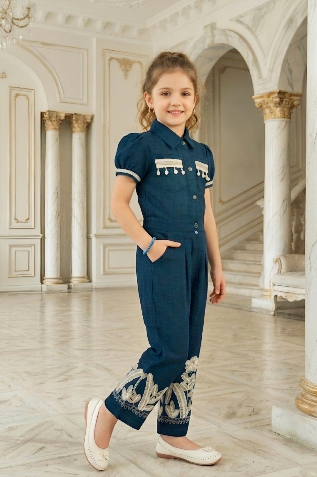 Girls Navy Blue Utility Co-ord Set with Puff Sleeves